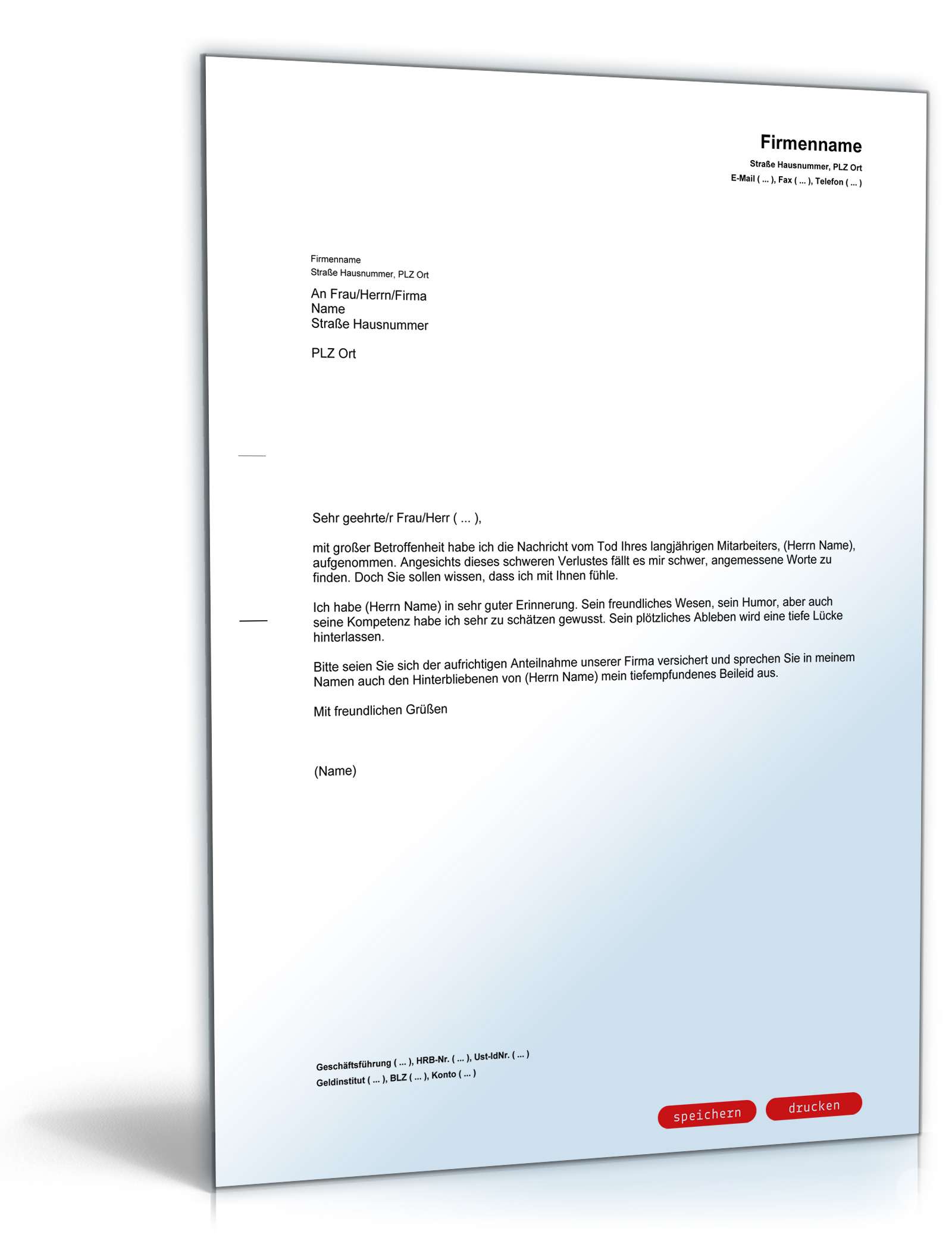 Kondolenzschreiben an Geschäftsführer zum Tod eines Mitarbeiters