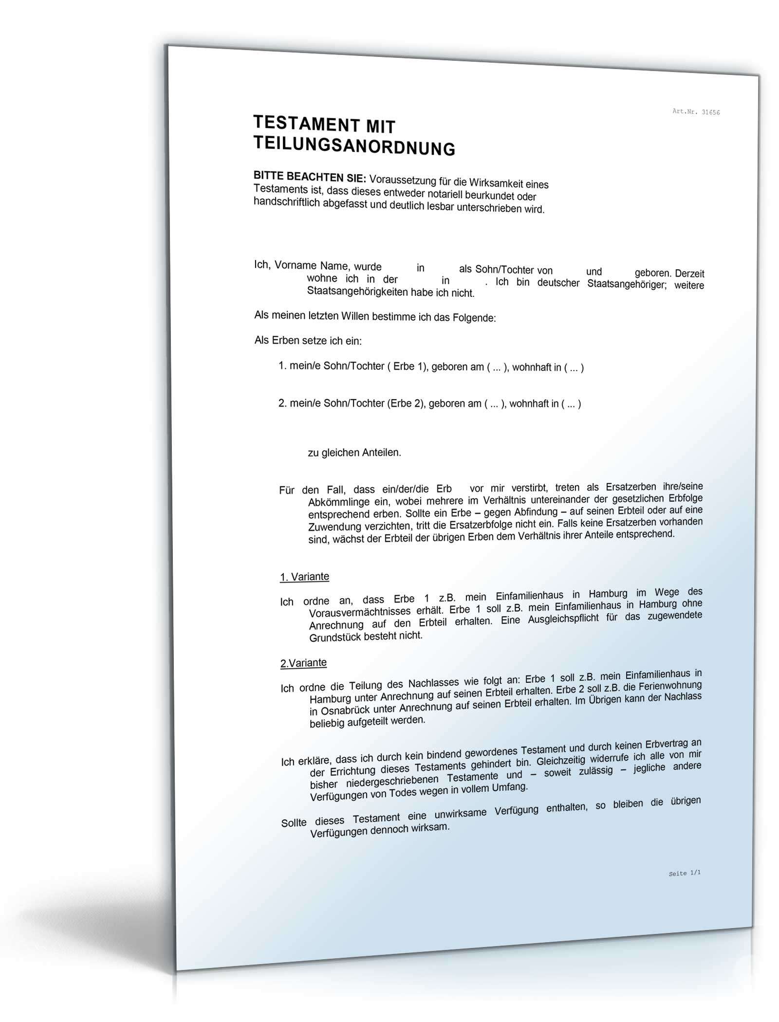 Testament Teilungsanordnung Word