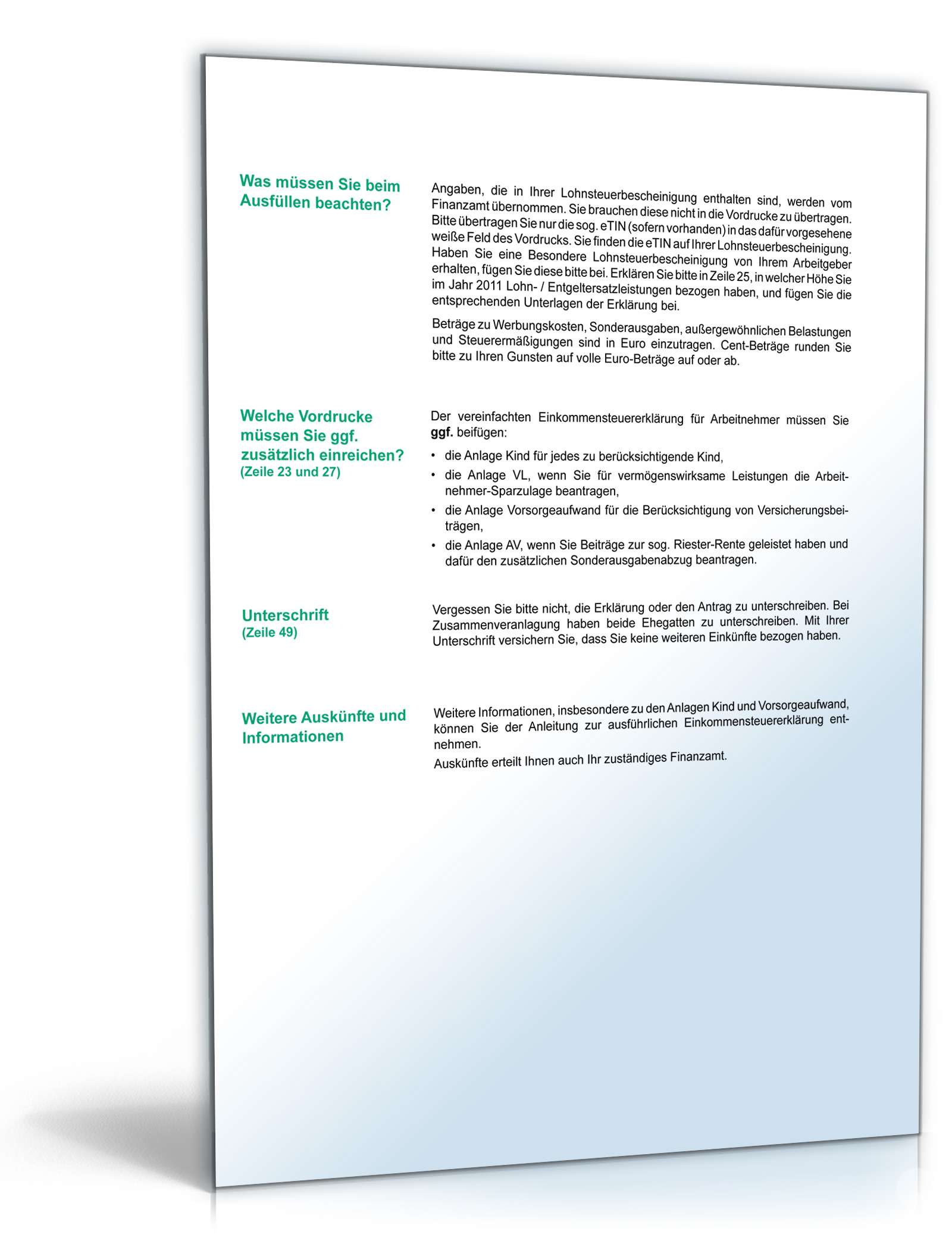 Anleitung vereinfachte Einkommensteuererklärung 2011 PDF. Seite: 2