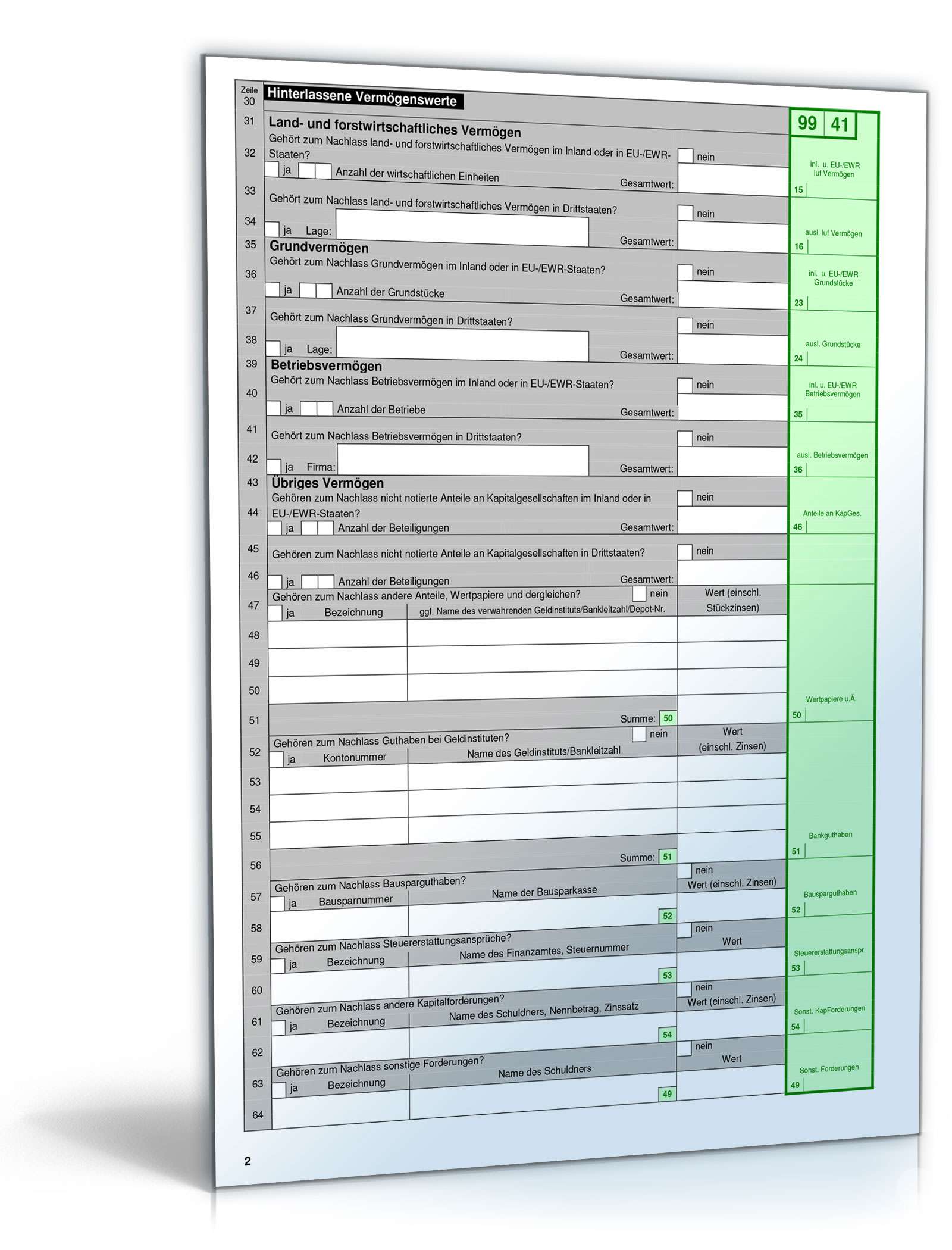 Formulare zur Erbschaftssteuererklärung Excel. Seite: 2