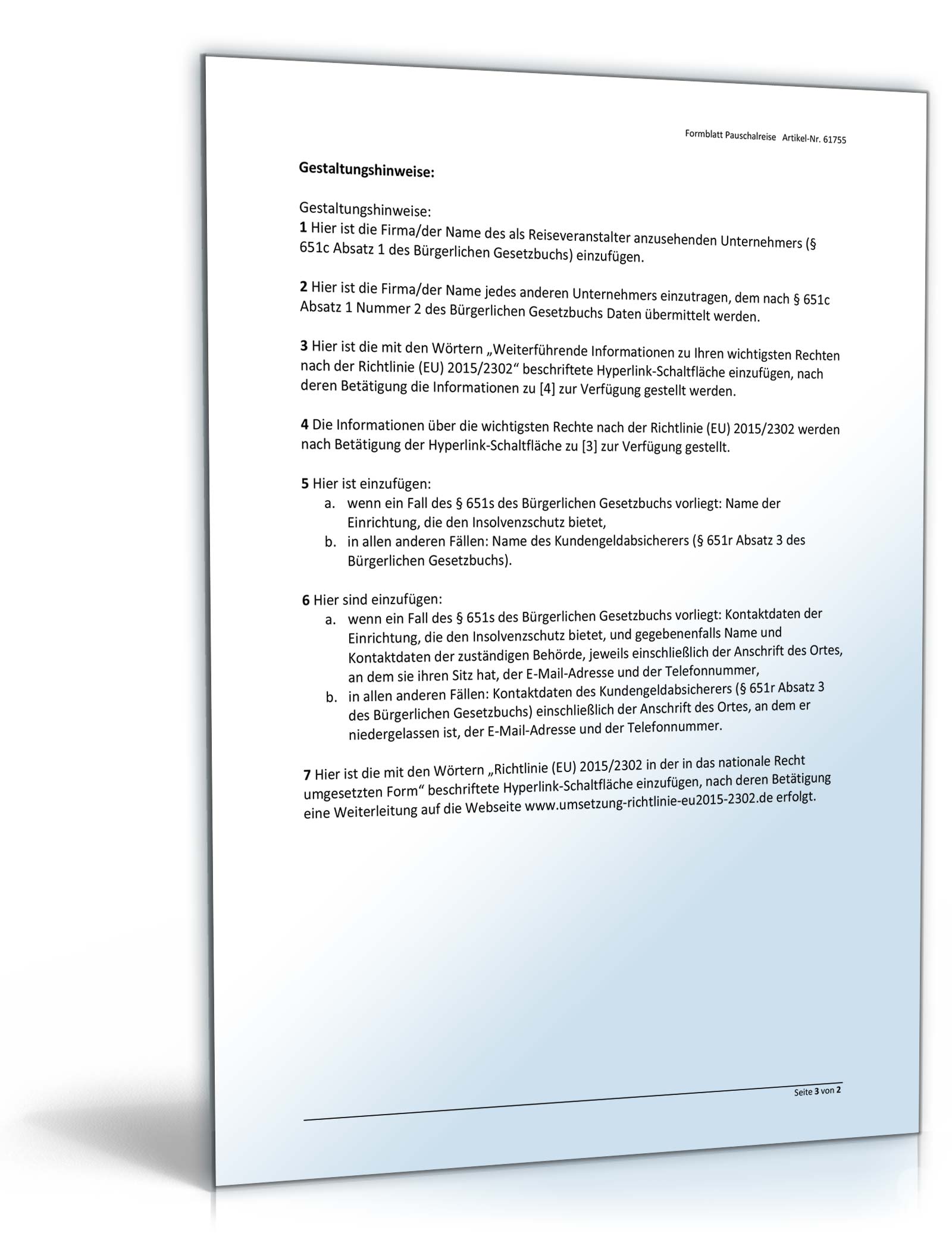 Formblatt Pauschalreise § 651c BGB Word. Seite: 3