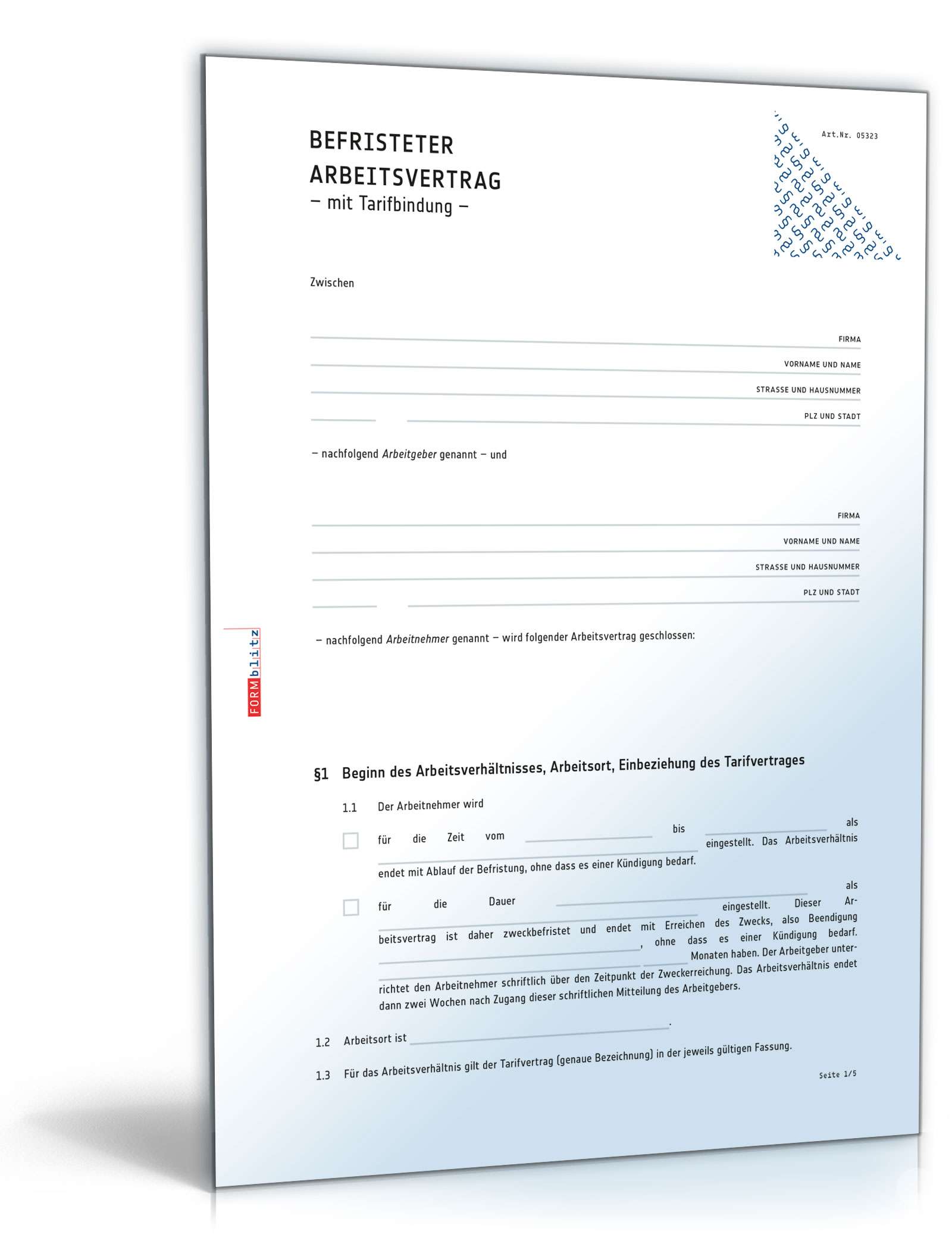 Befristeter Arbeitsvertrag mit Tarifbindung Word