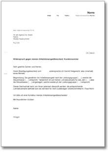 Einspruch gegen den Bescheid auf Arbeitslosengeld Word