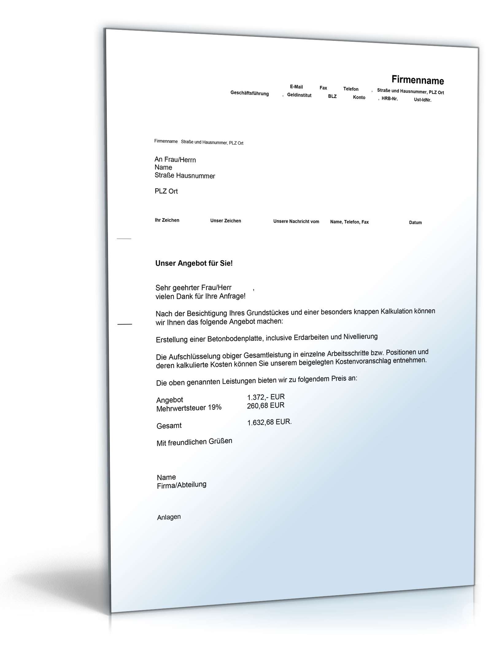 Kostenvoranschlag Beton- und Stahlbetonbau Excel. Seite: 2