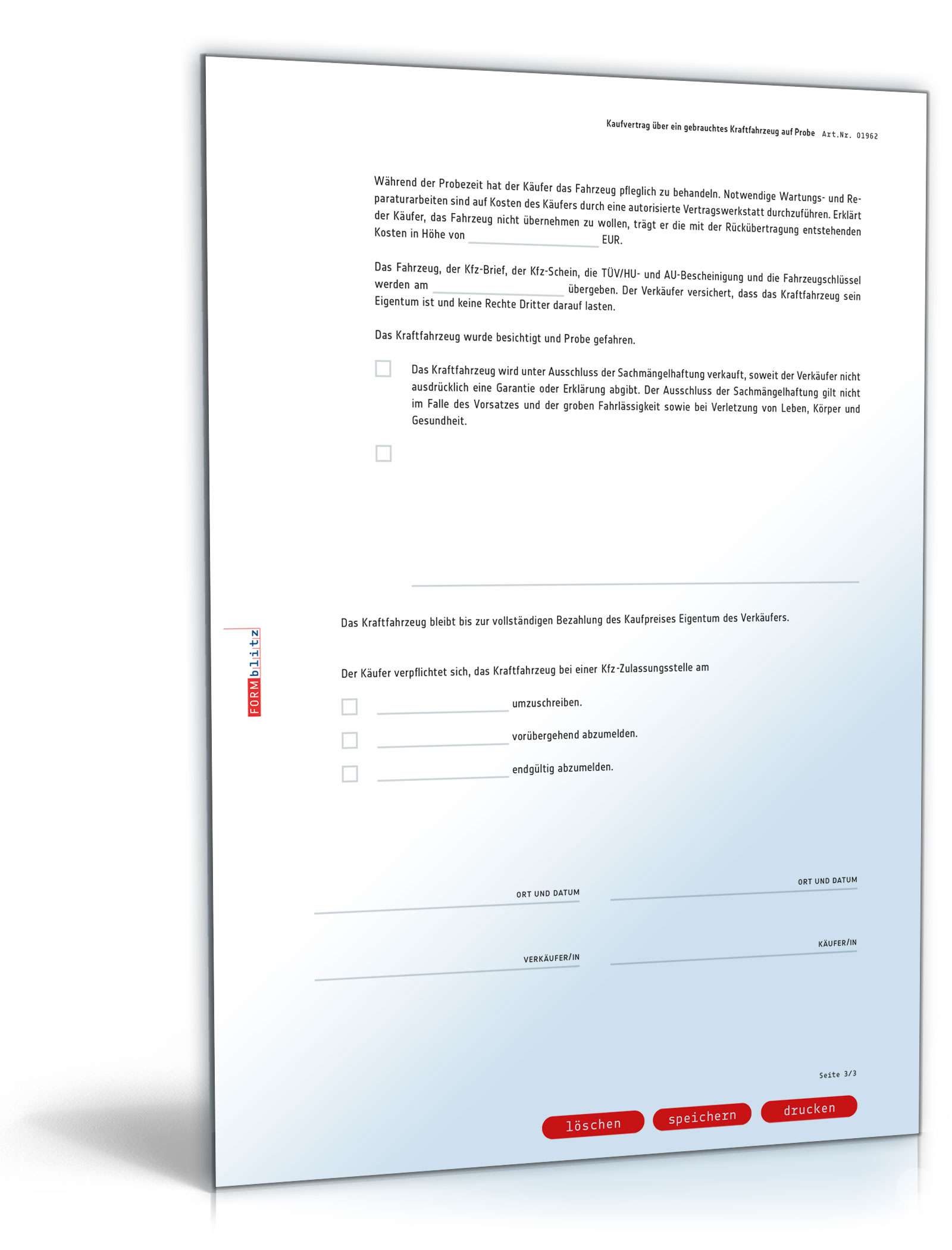 Kaufvertrag gebrauchtes Kfz auf Probe PDF. Seite: 3