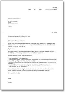 Widerspruch fehlerhafte Anrechnung Einkommen Word