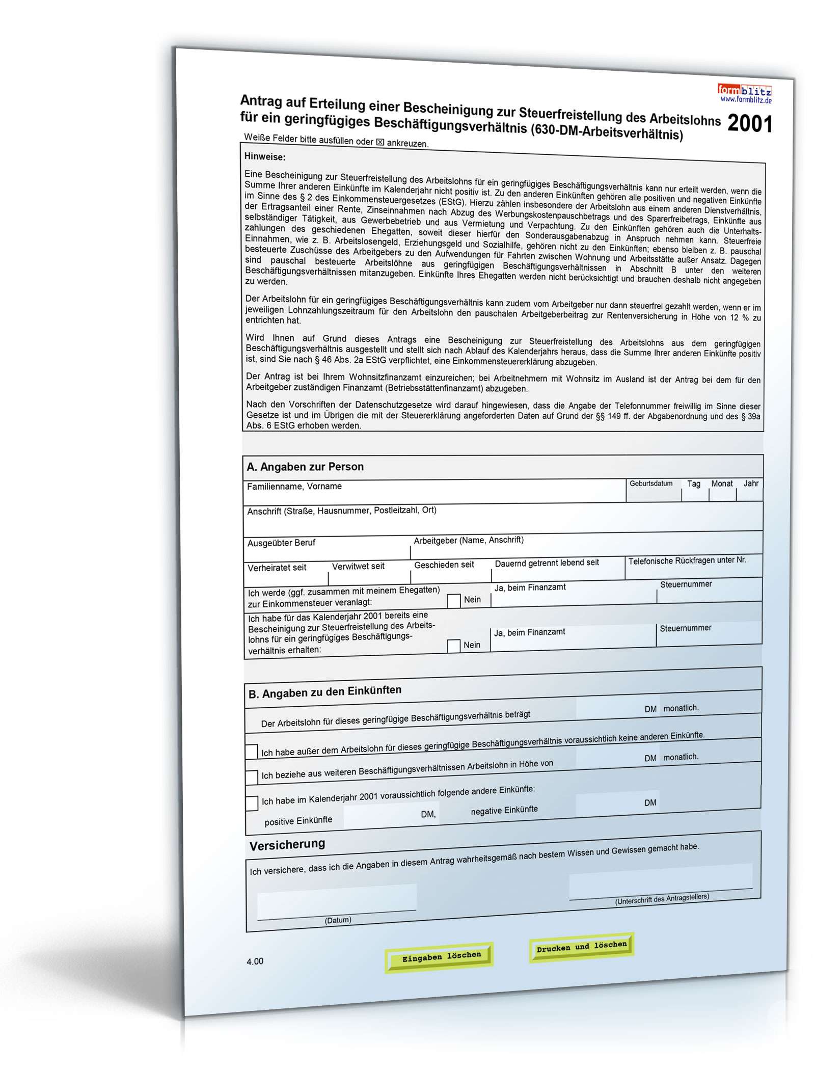 Freistellungsformular geringfügige Beschäftigung PDF
