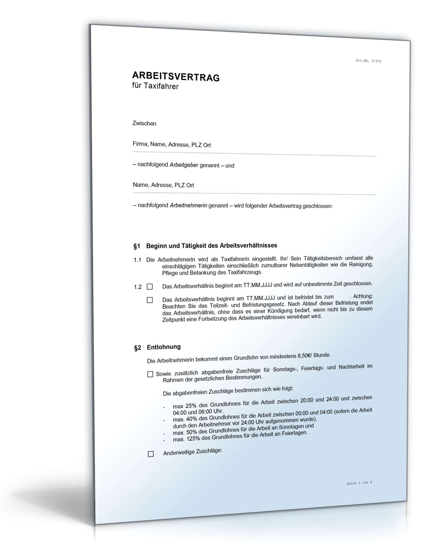 Arbeitsvertrag Taxifahrer Word