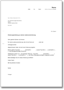 Mitteilung Änderung Begünstigter Lebensversicherung Word