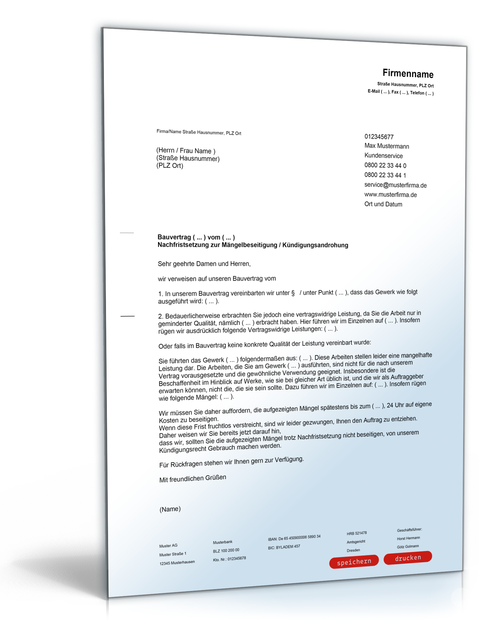 Nachfristsetzung zu Mängelbeseitigung mit Kündigungsandrohung Word