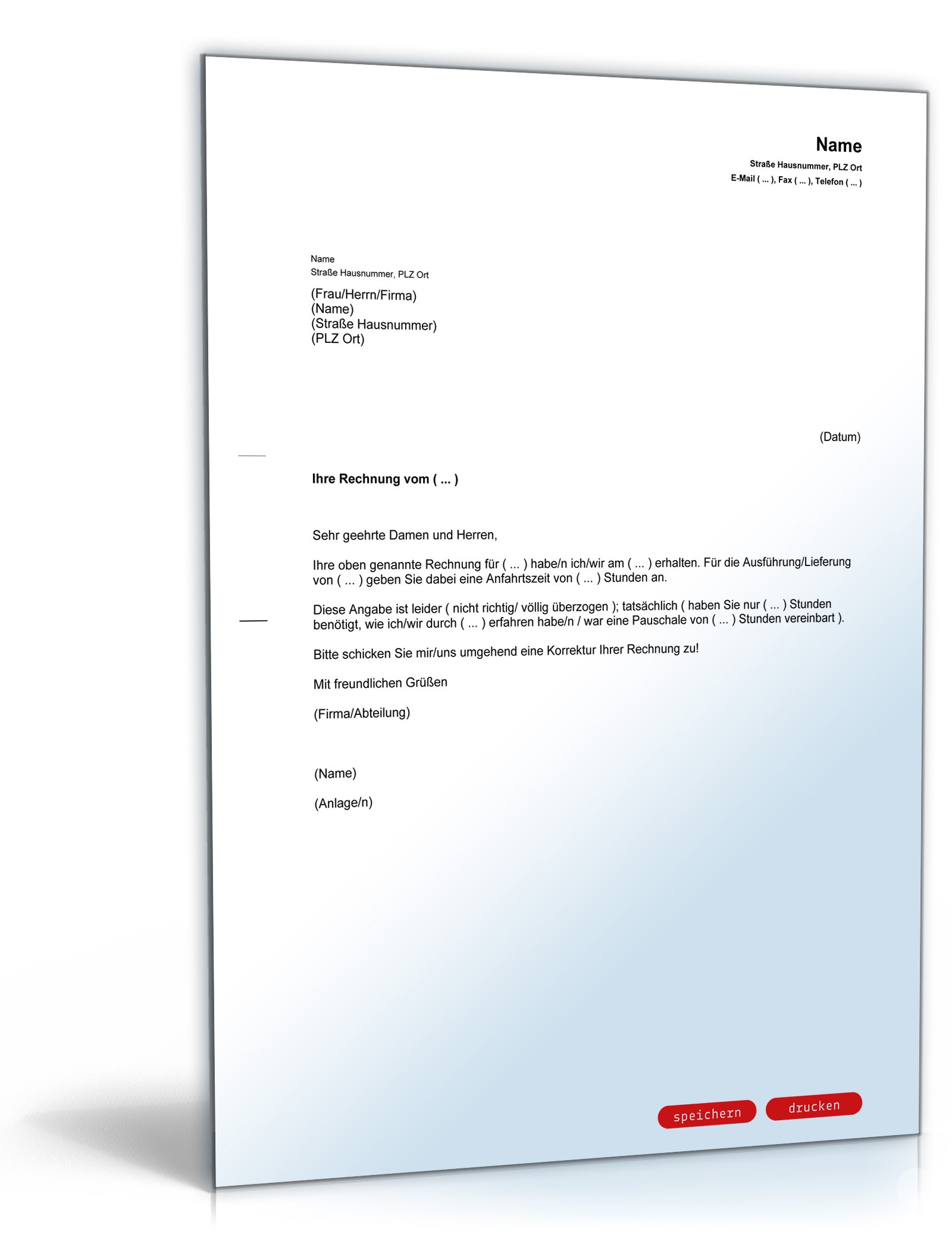 Zurückweisung einer Rechnung wegen überhöhter Fahrtkosten PDF