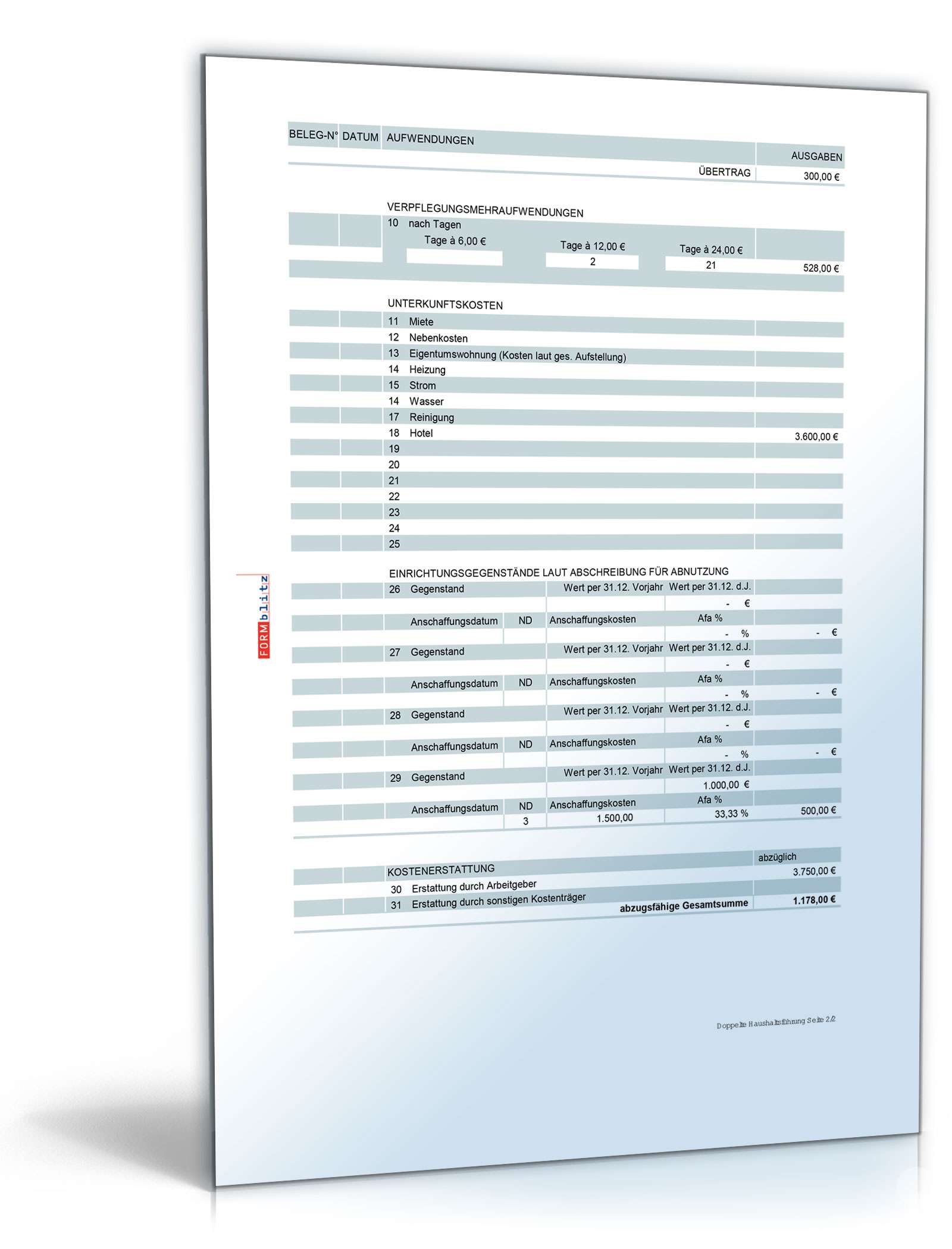 Rechentabelle Werbungskosten doppelte Haushaltsführung Excel. Seite: 2