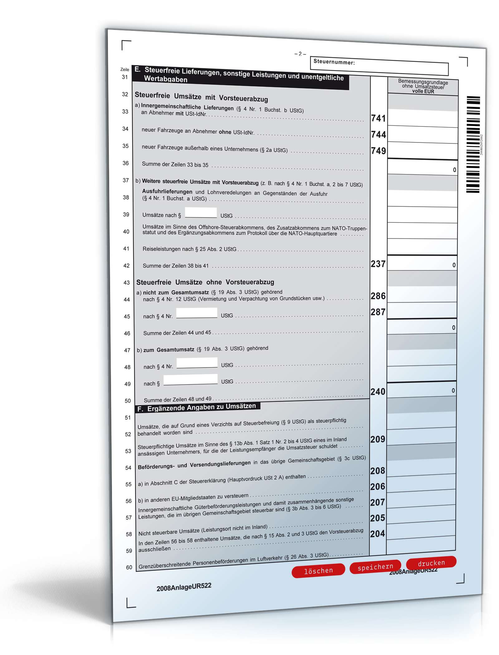 Anlage UR zur Umsatzsteuererklärung 2008 PDF. Seite: 2