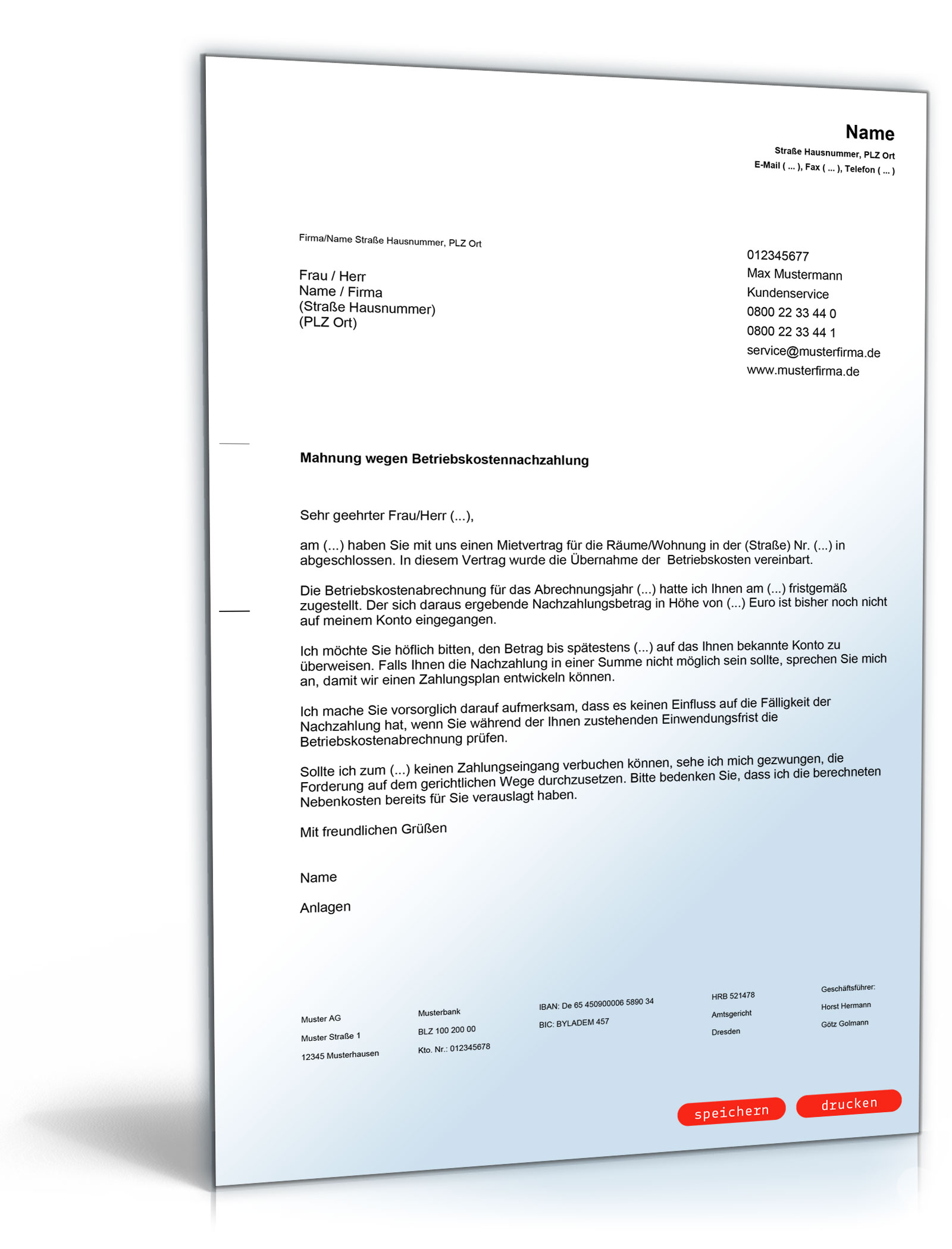 Mahnung Betriebskostennachzahlung PDF