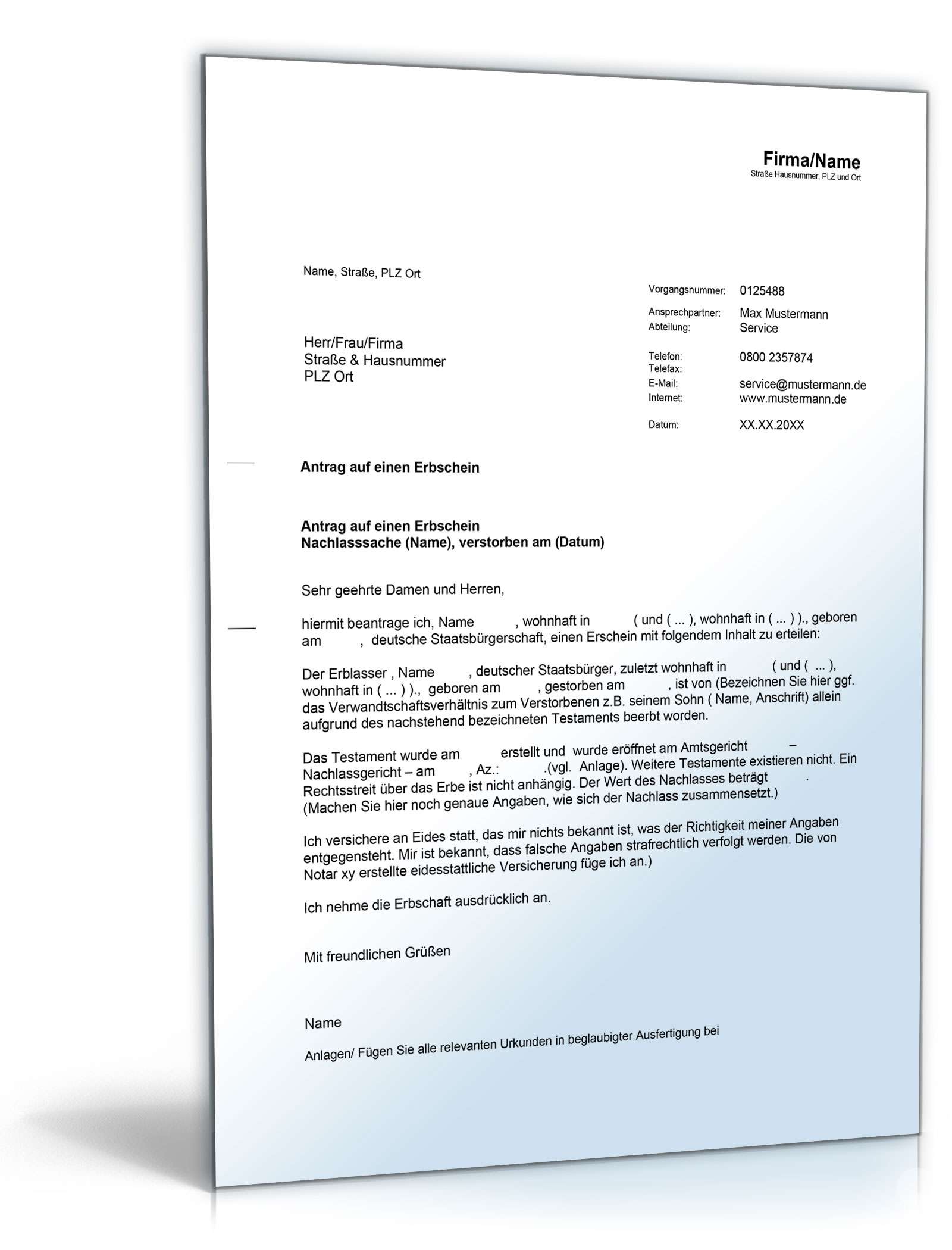 Antrag auf Erbschein Word