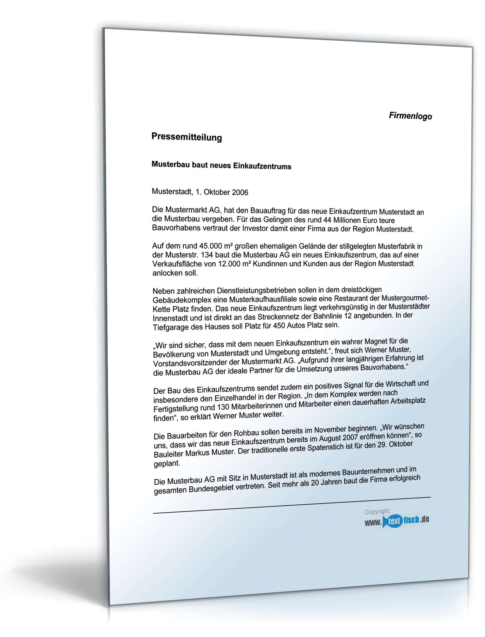 Pressemitteilung Bauherr über Bau eines neuen Einkaufszentrums