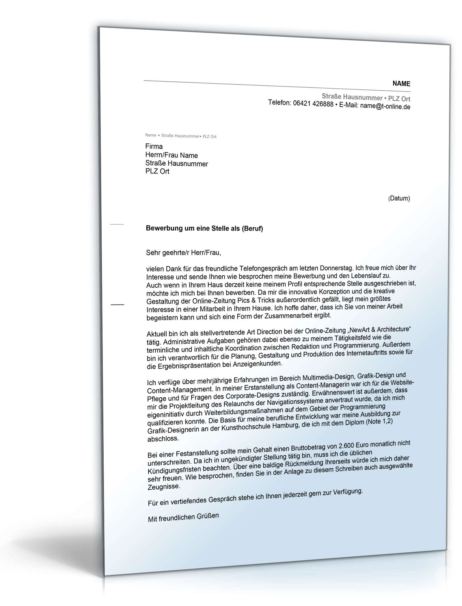 Anschreiben Initiativbewerbung Excel