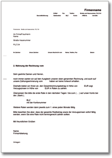 2. Mahnung mit dem Angebot von Ratenzahlung Word