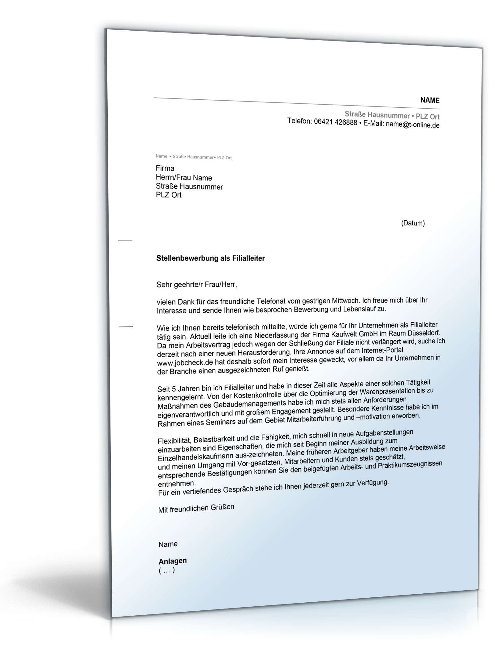 Anschreiben Bewerbung Filialleiter Word