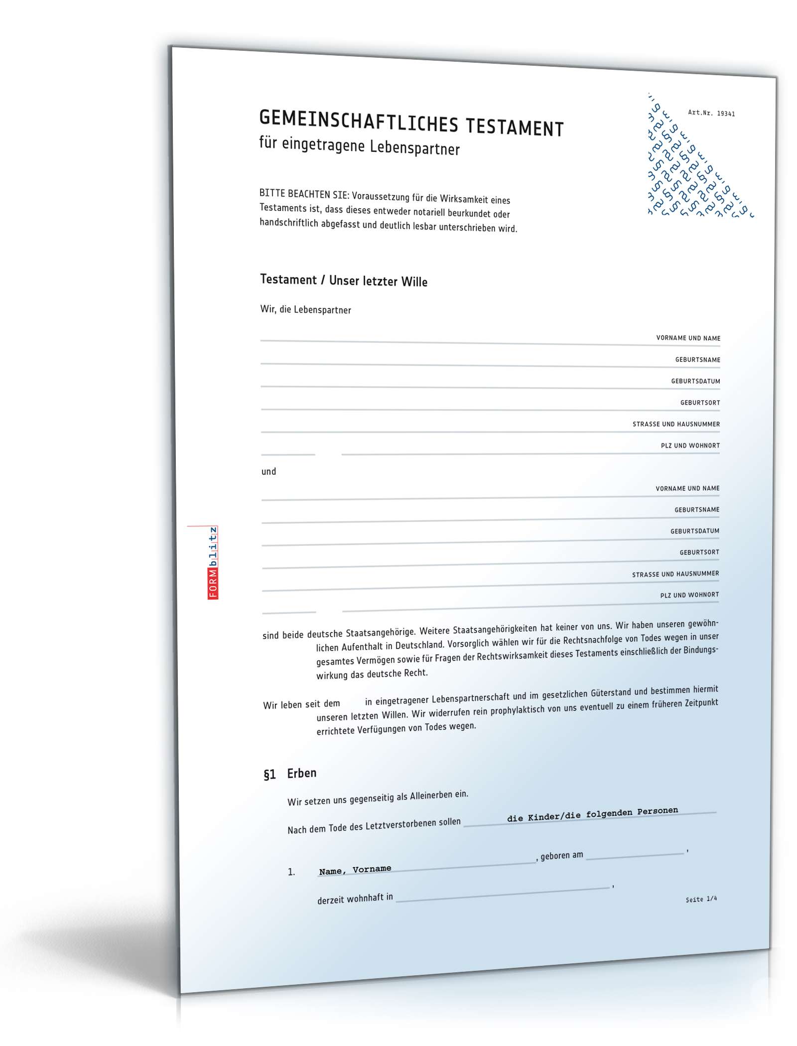 Gemeinschaftliches Testament eingetragene Lebenspartner PDF