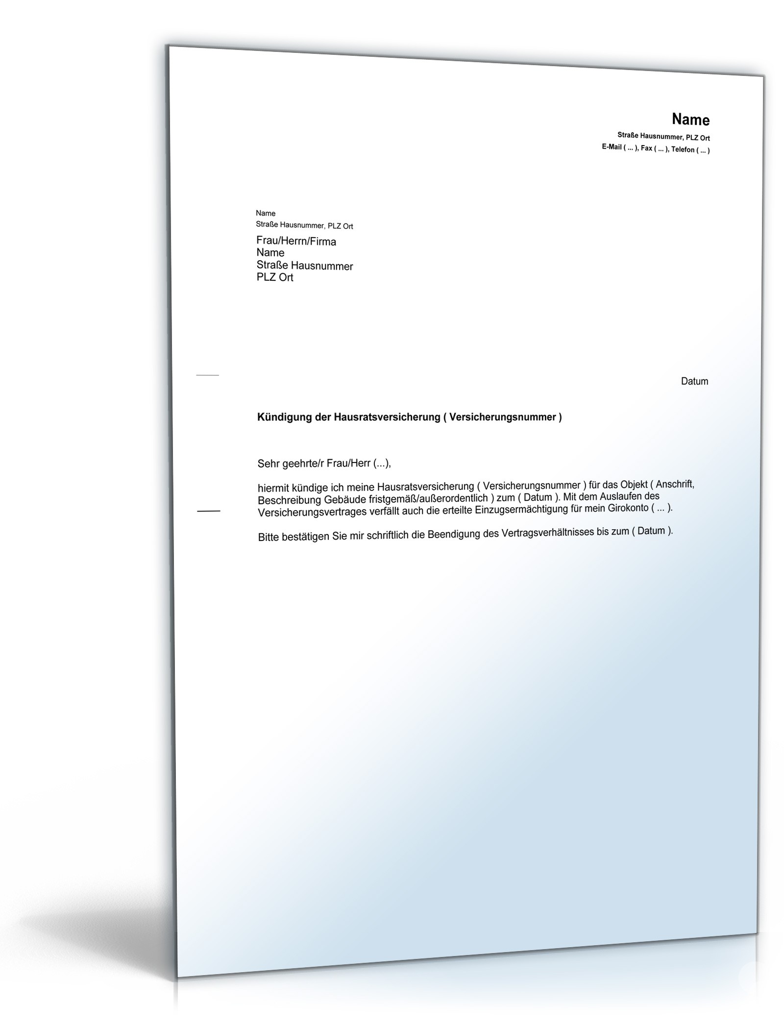Kündigung Hausratsversicherung PDF