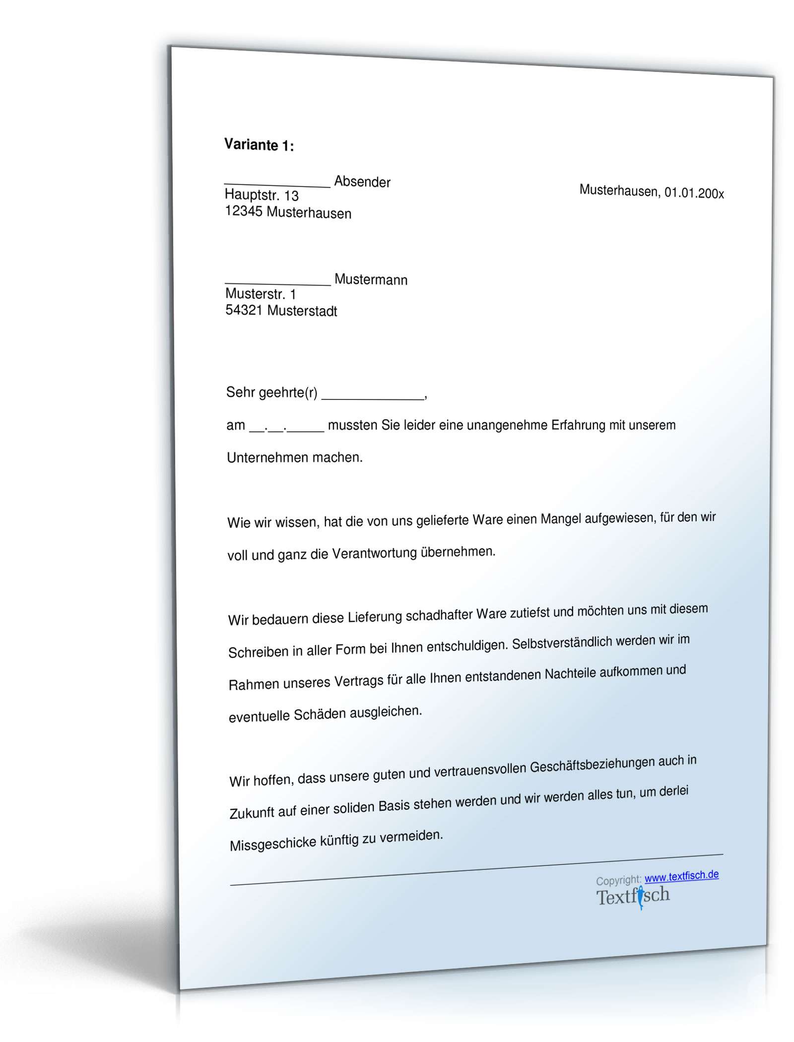 Entschuldigung Mangel Produkt  PDF