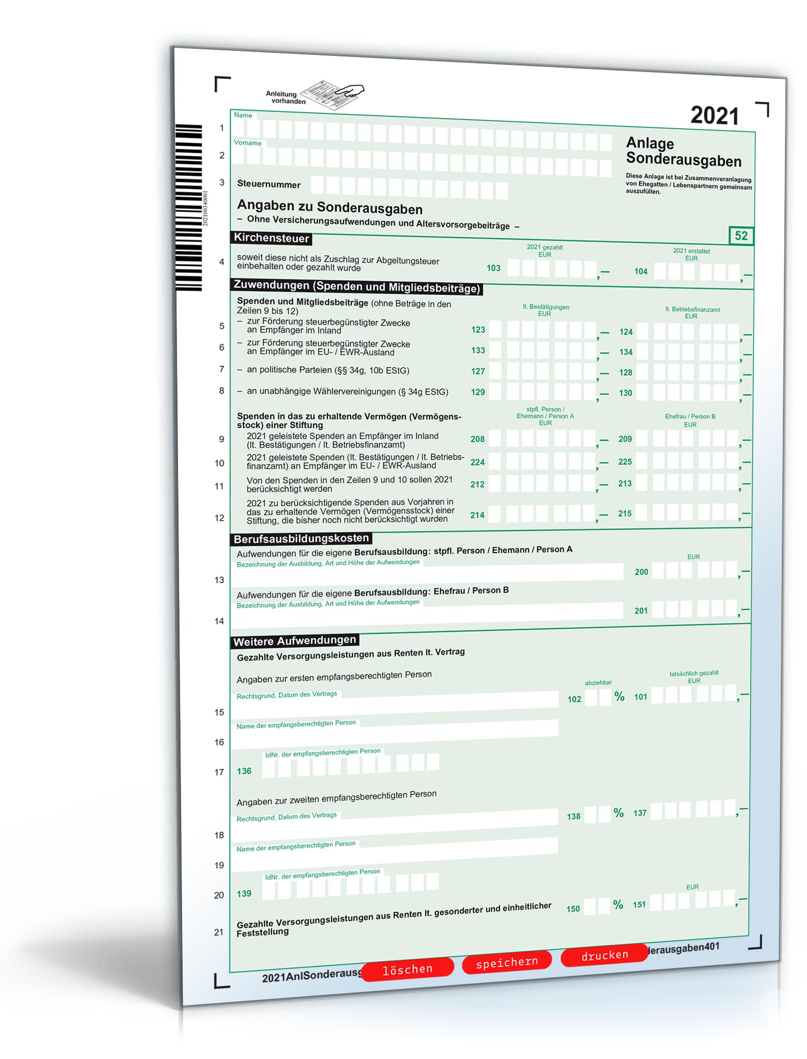Anlage Sonderausgaben 2021 Mantelbogen PDF