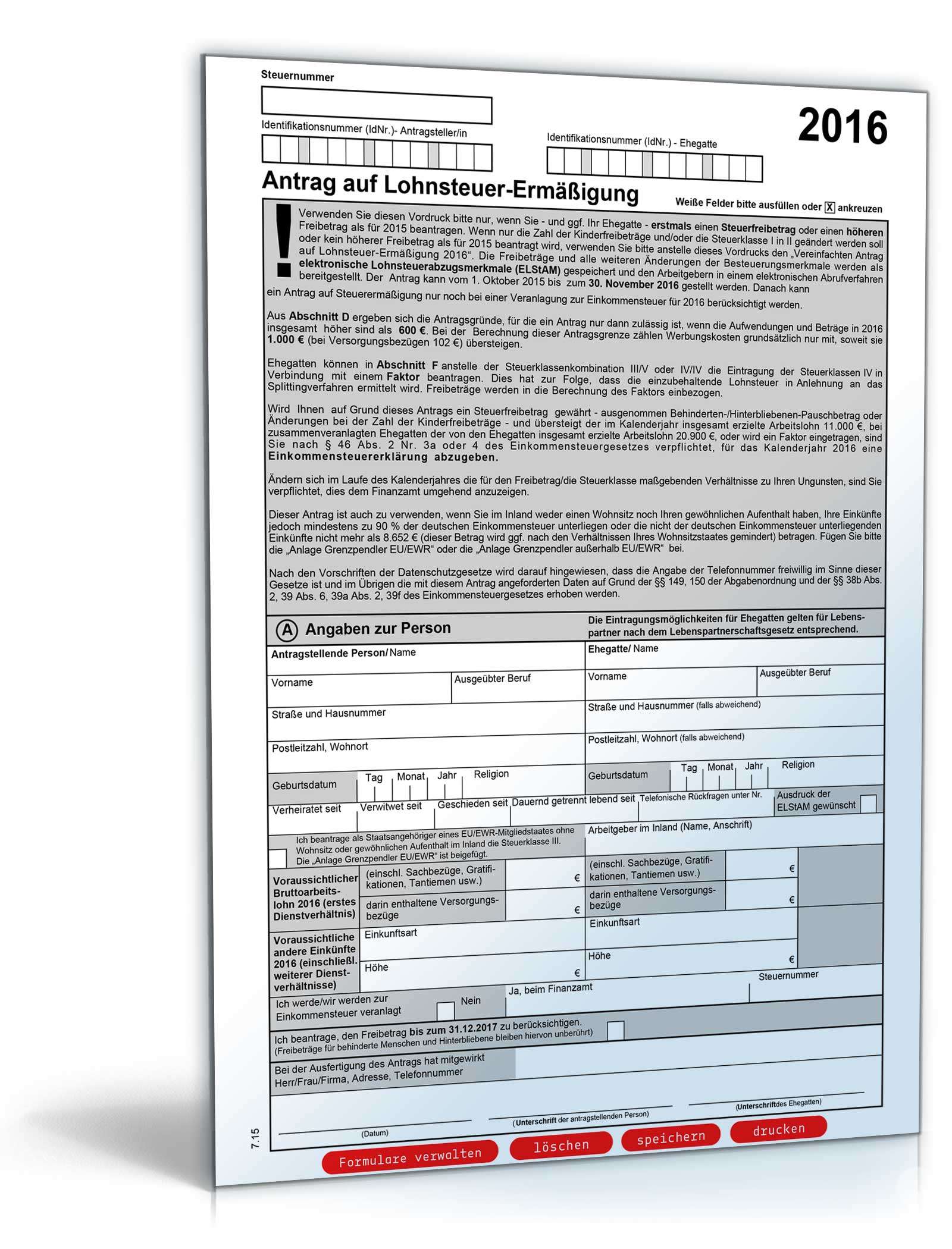 Antrag auf Lohnsteuer-Ermäßigung 2016 PDF