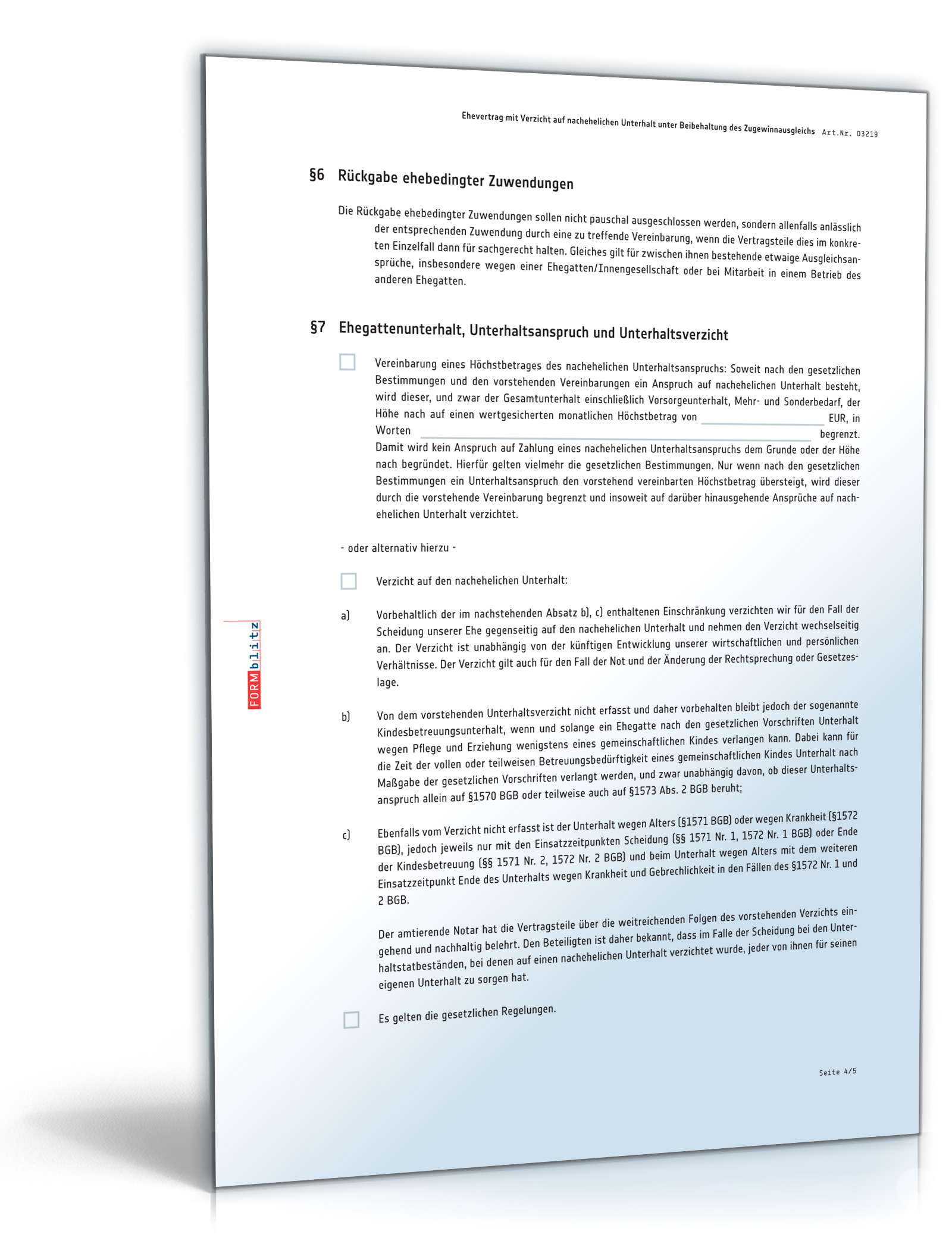Ehevertrag mit Verzicht auf nachehelichen Unterhalt und Beibehaltung des Versorgungsausgleichs PDF. Seite: 4