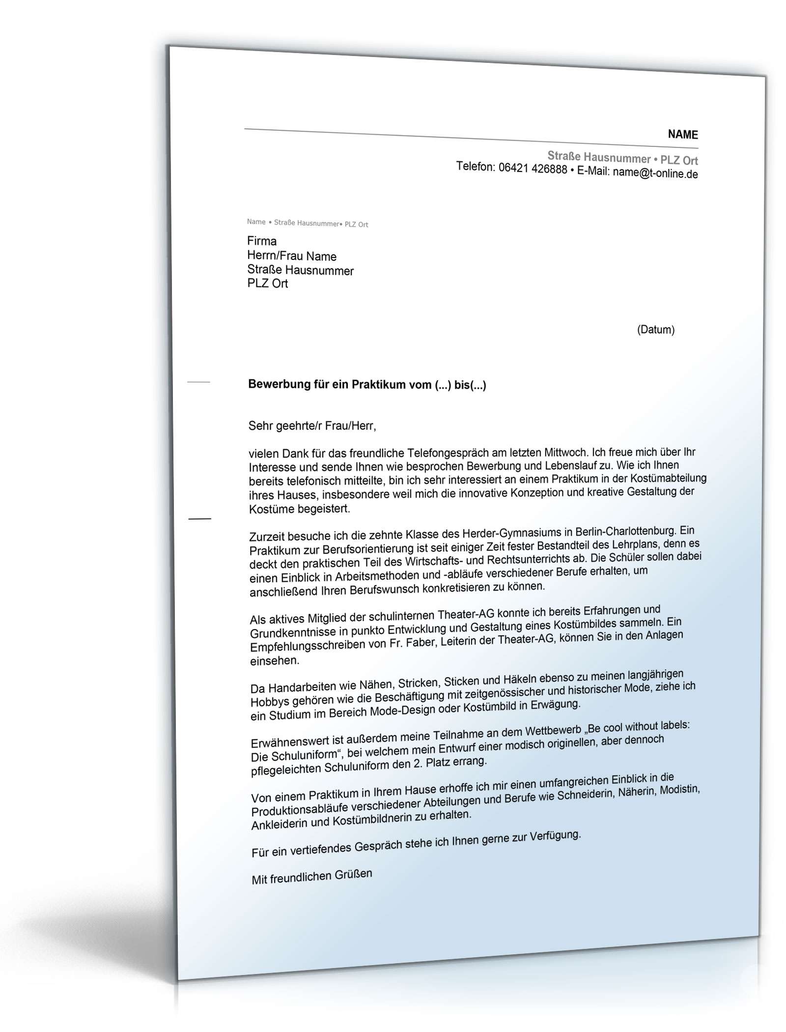 Anschreiben Bewerbung Praktikum Theater Excel