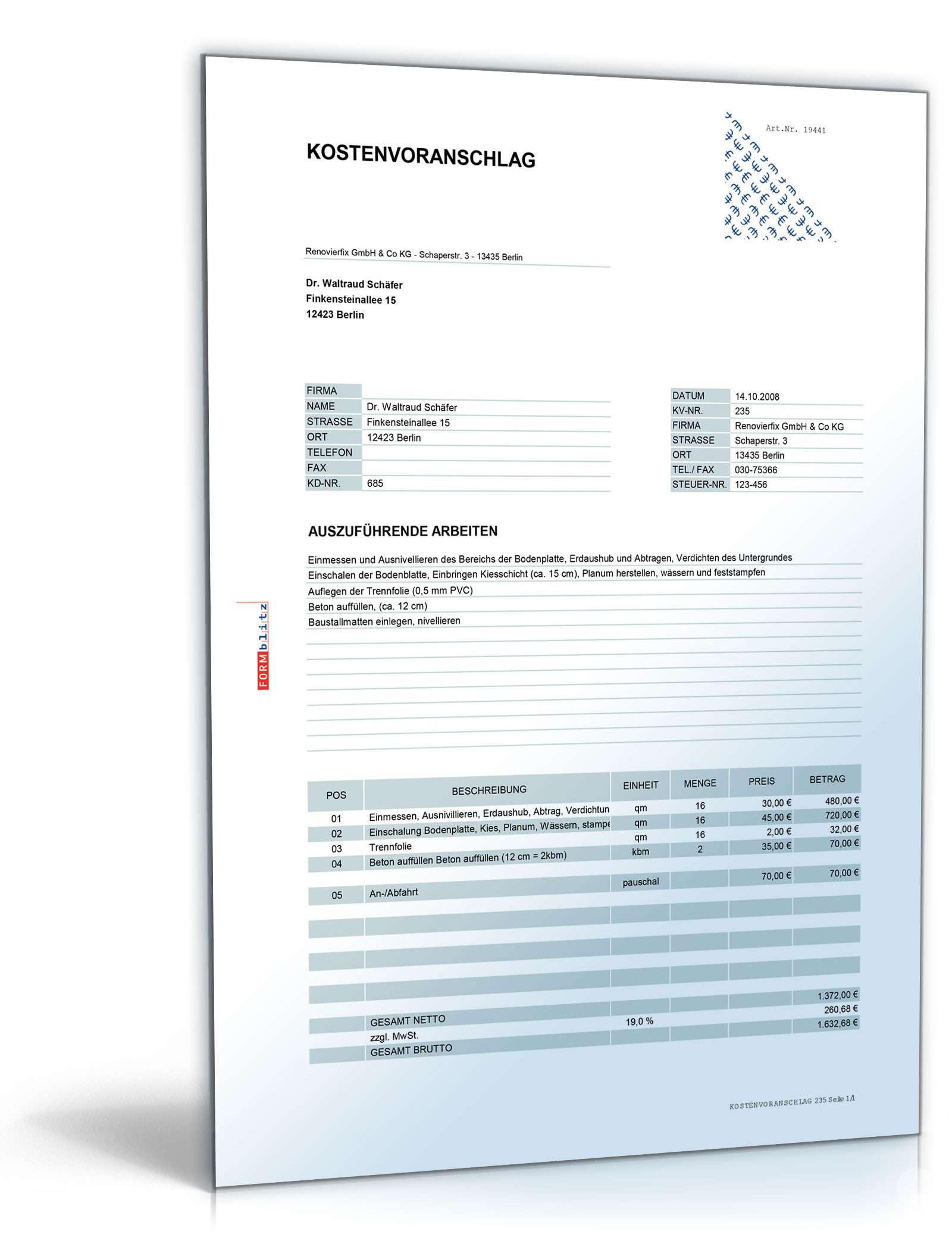 Kostenvoranschlag Beton- und Stahlbetonbau Excel