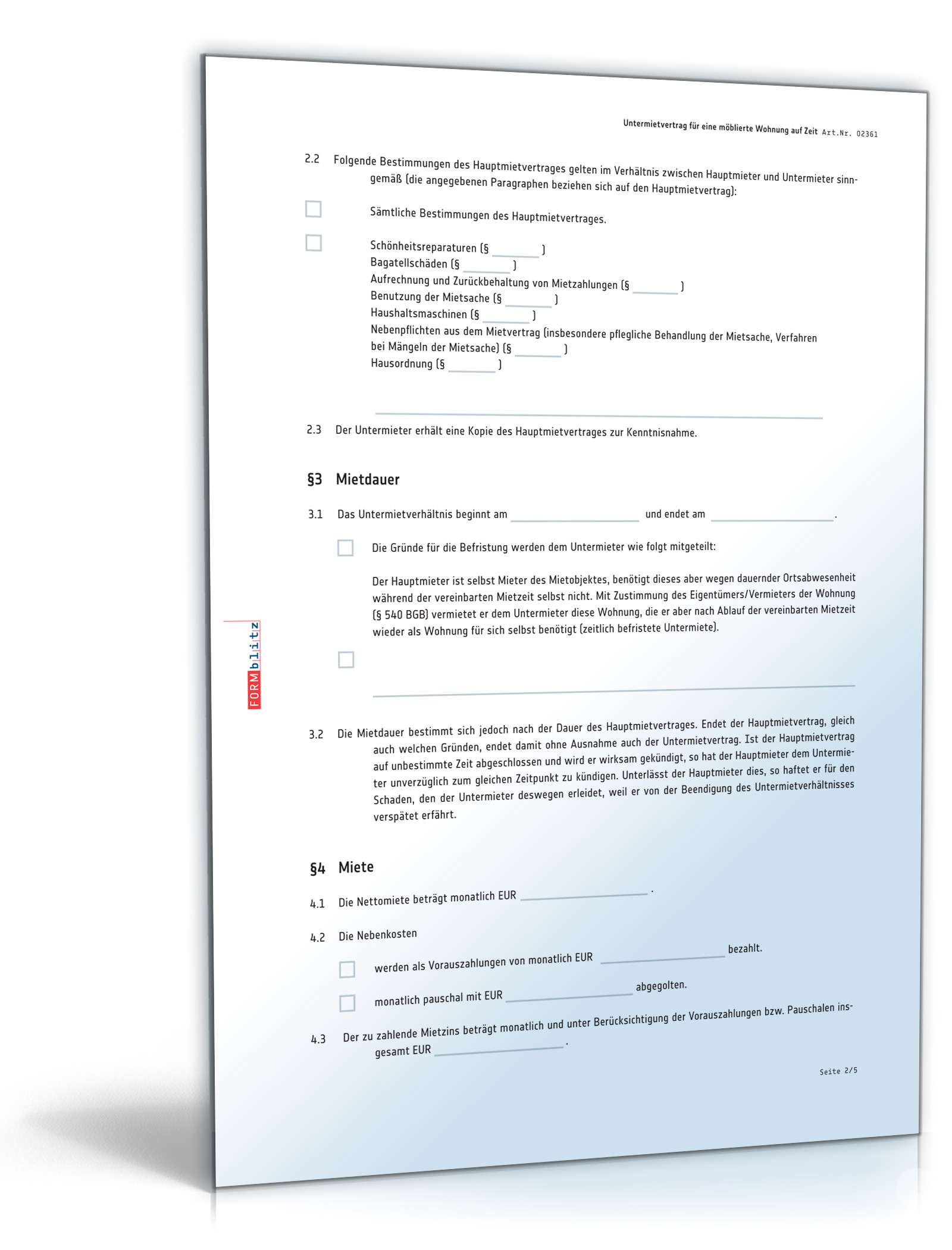 Befristeter Untermietvertrag möblierte Wohnung PDF. Seite: 2