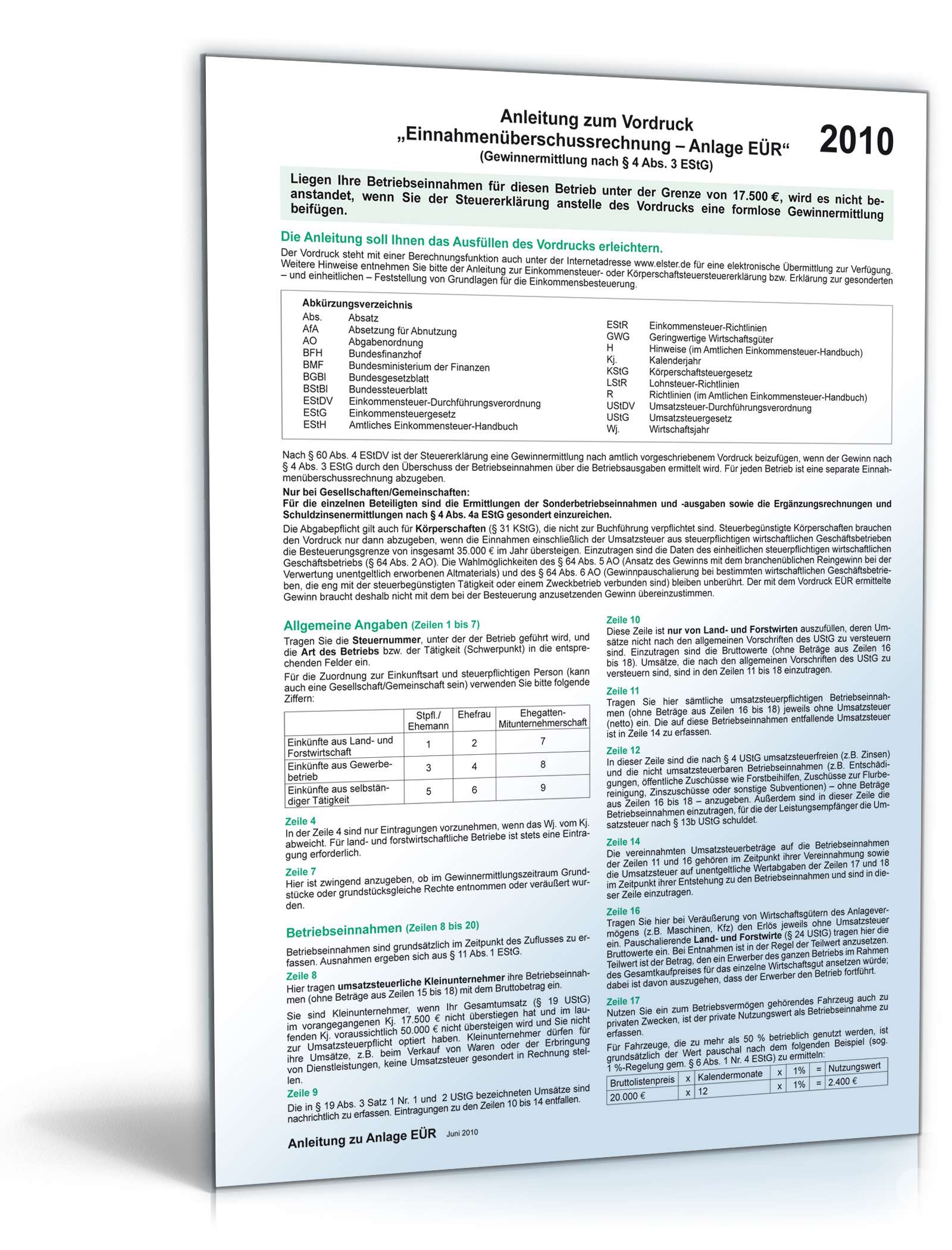 Anleitung zur Anlage EÜR - 2010 PDF
