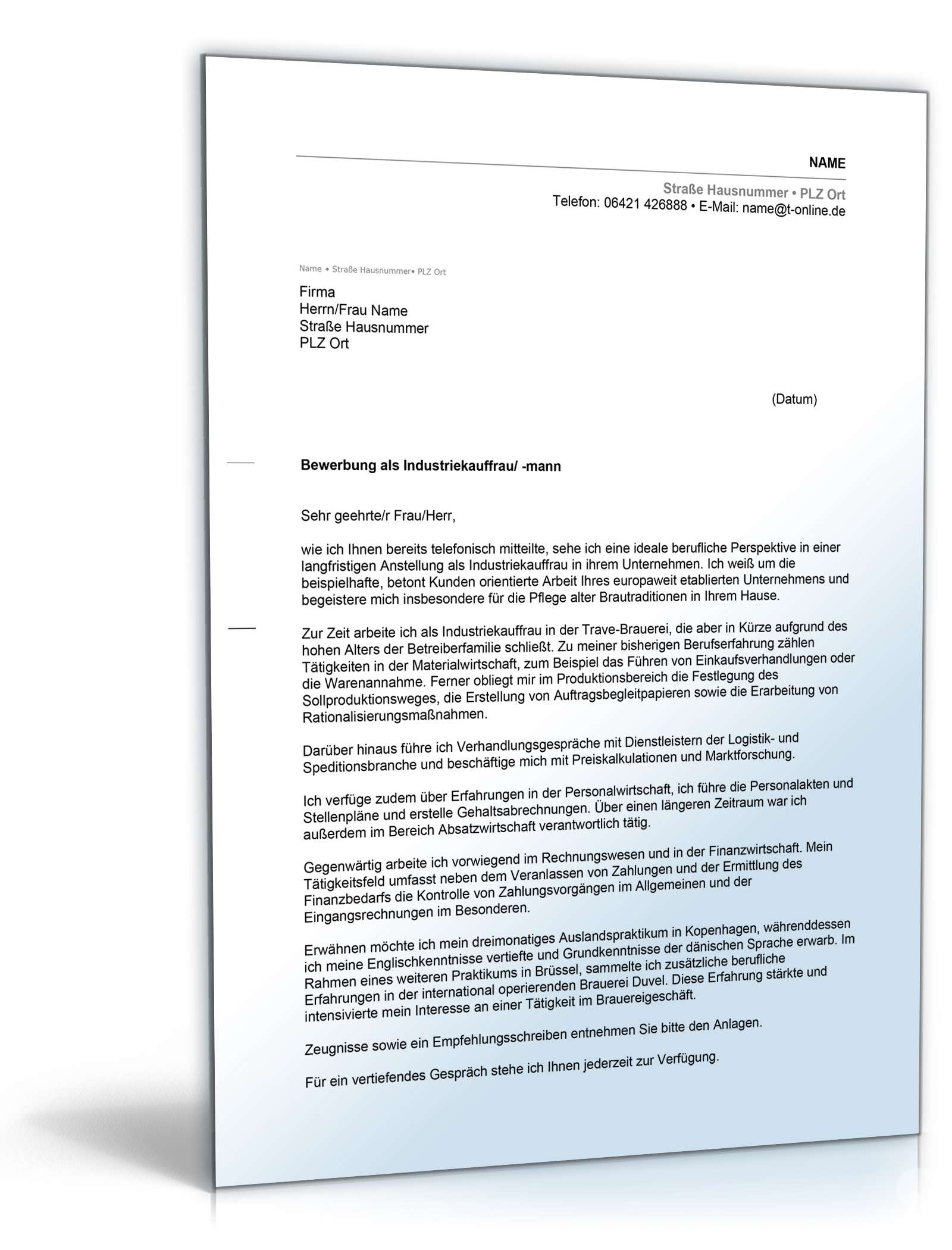 Anschreiben Bewerbung Industriekauffrau Excel