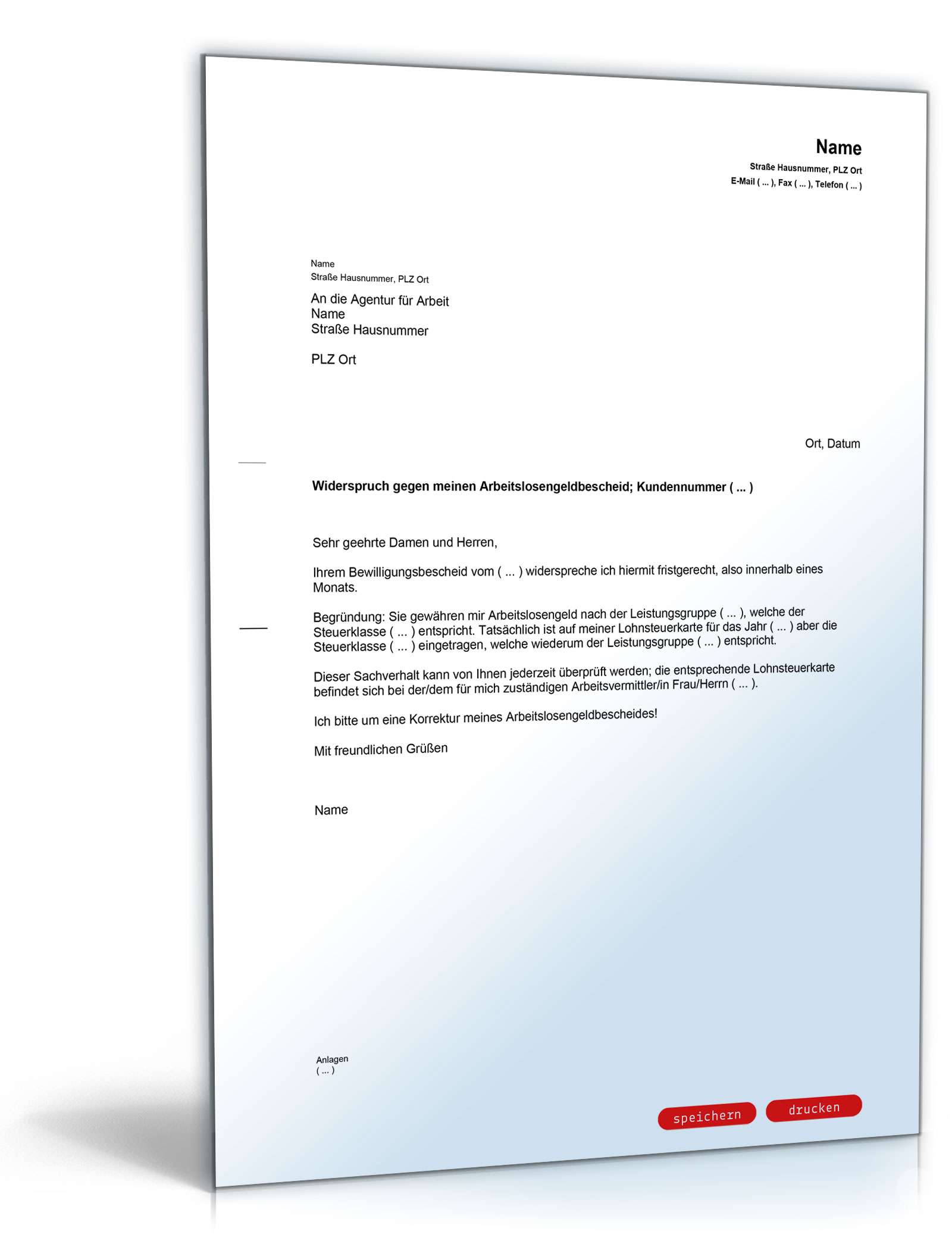 Einspruch gegen den Bescheid auf Arbeitslosengeld PDF