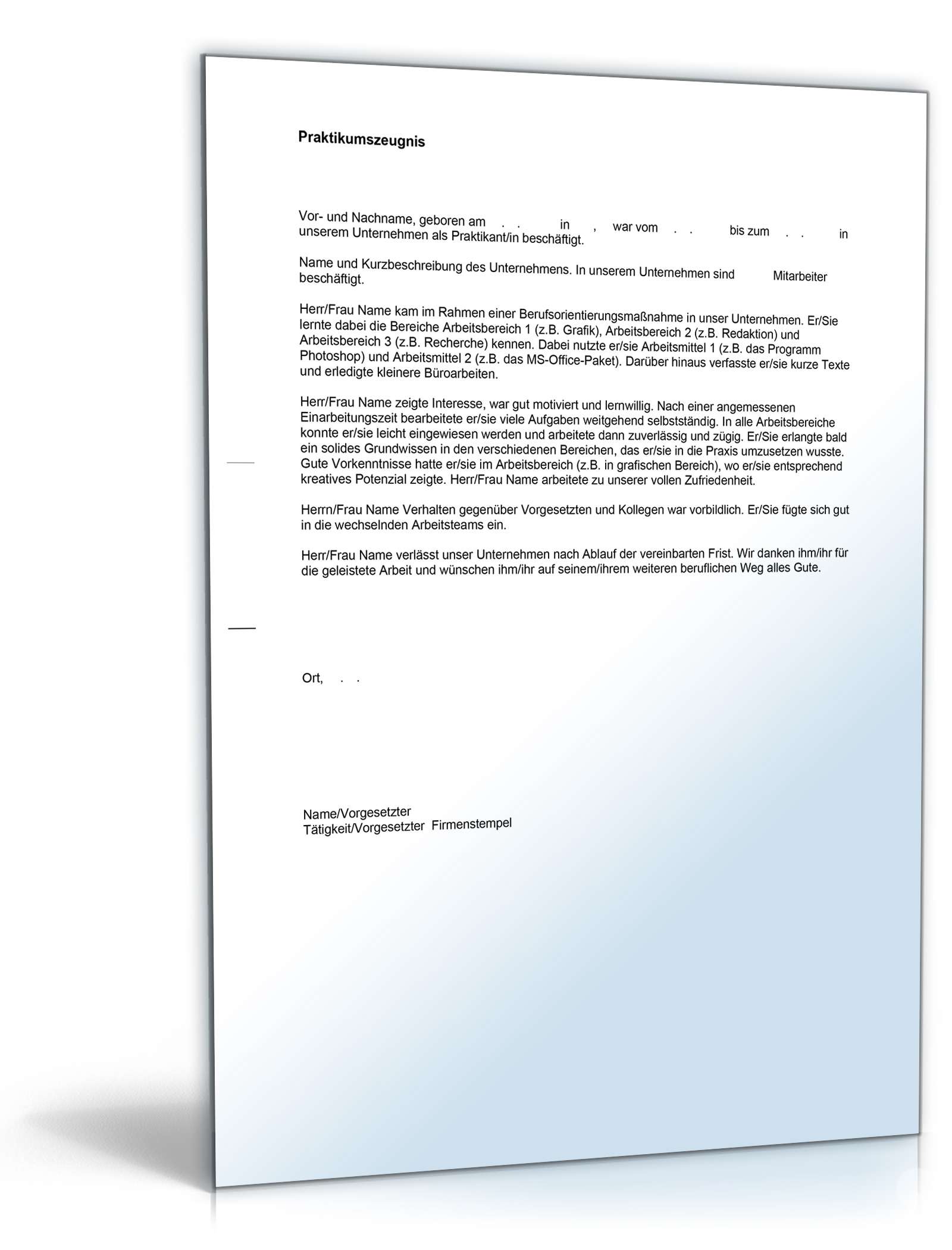 Praktikumszeugnis Allgemein Note Drei Word