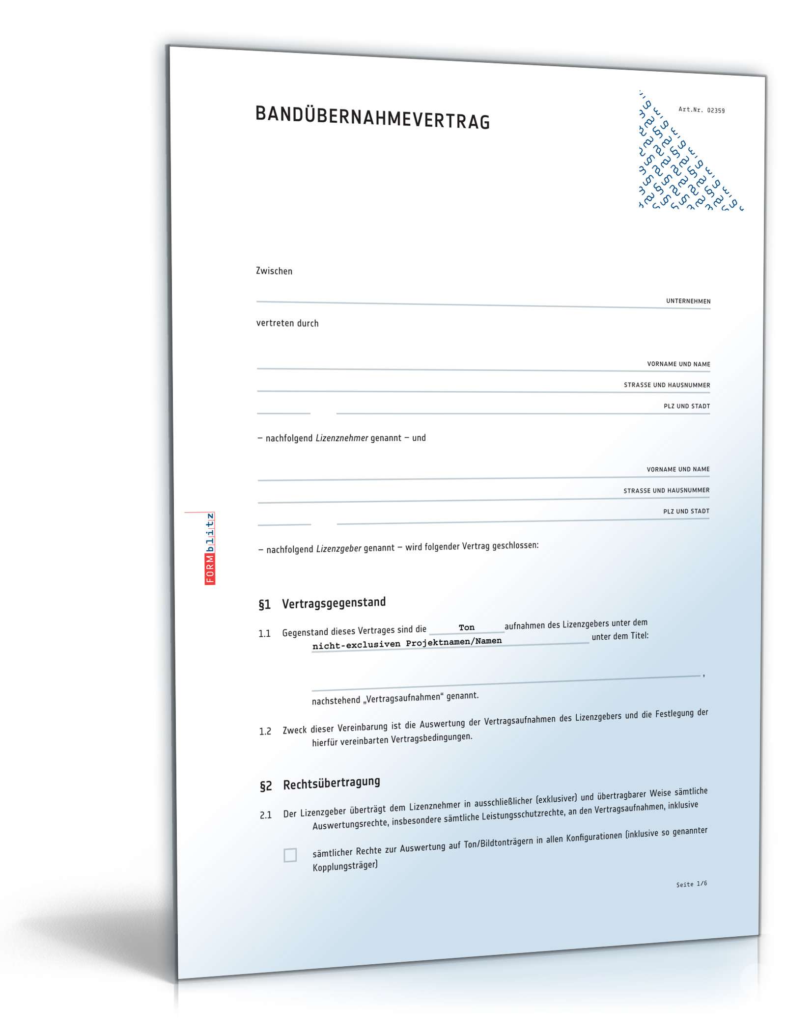 Bandübernahmevertrag mit Labelcopy PDF