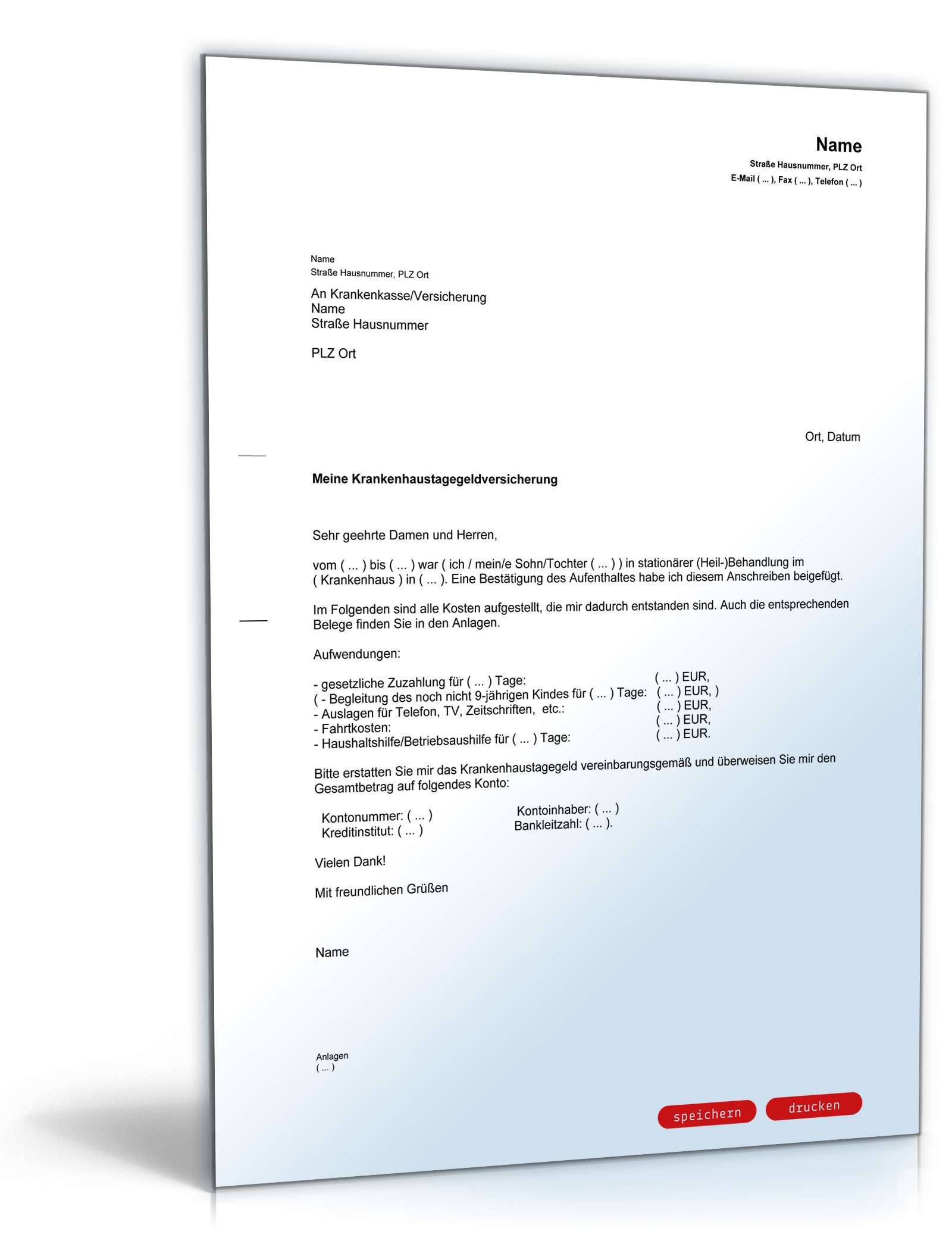 Antrag auf Erstattung von Krankenhaustagegeld PDF