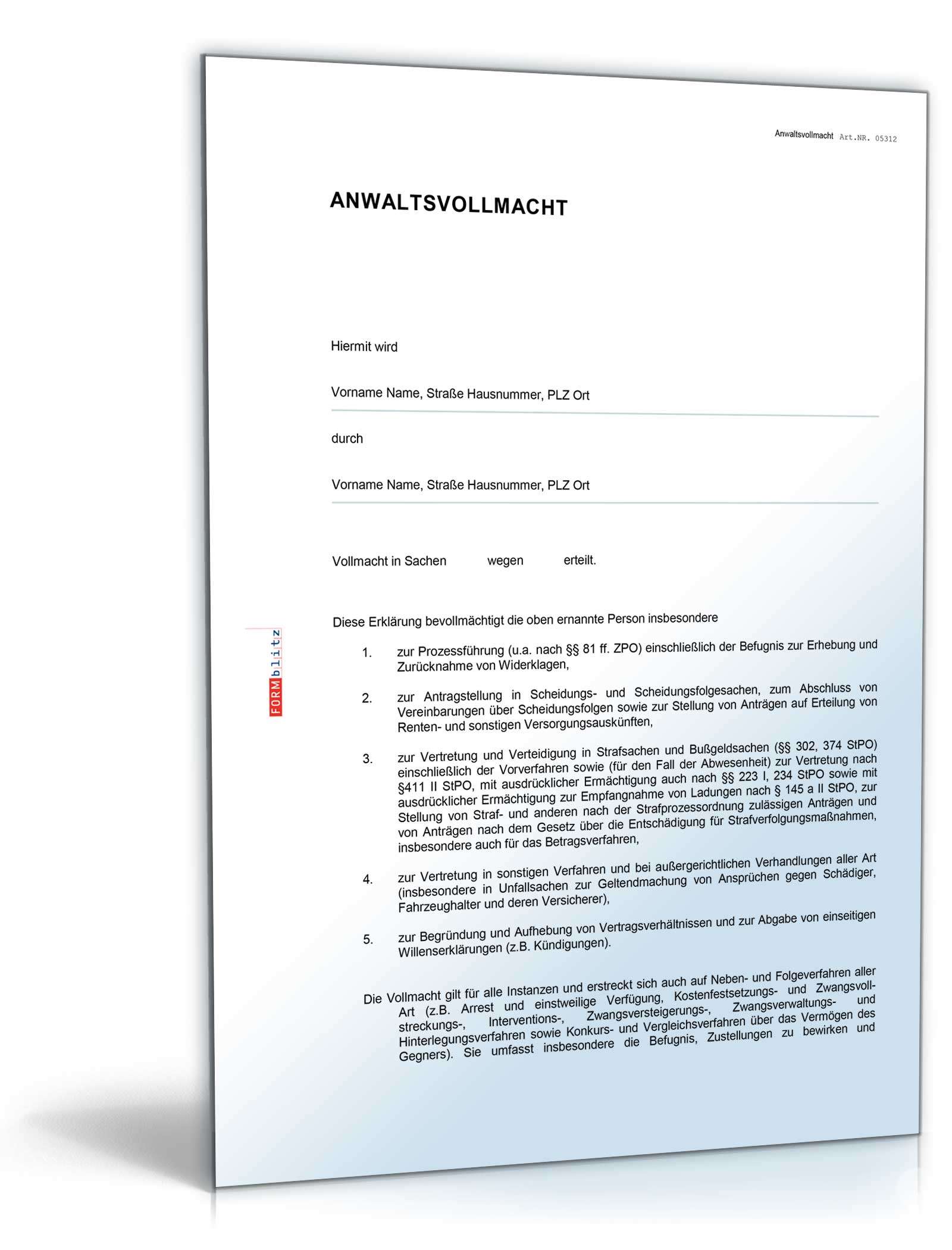 Vollmacht für einen Anwalt Word