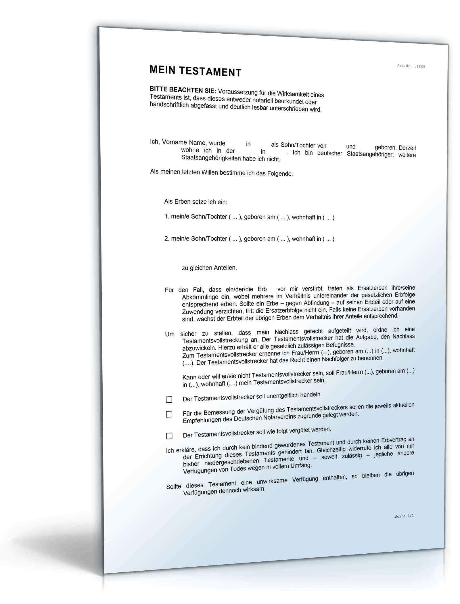 Testament Testamentsvollstrecker Word