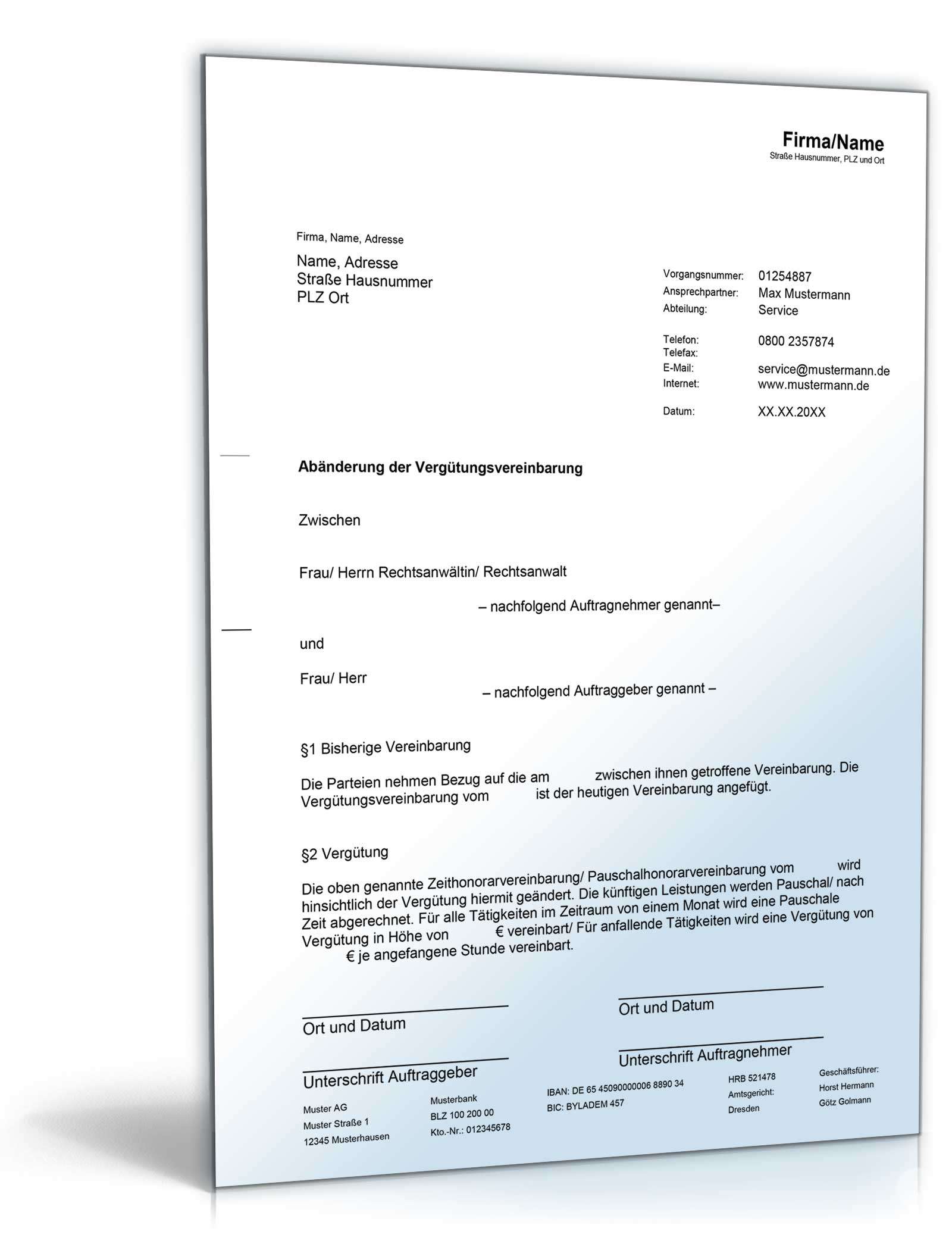 Abänderung Vergütungsvereinbarung Word