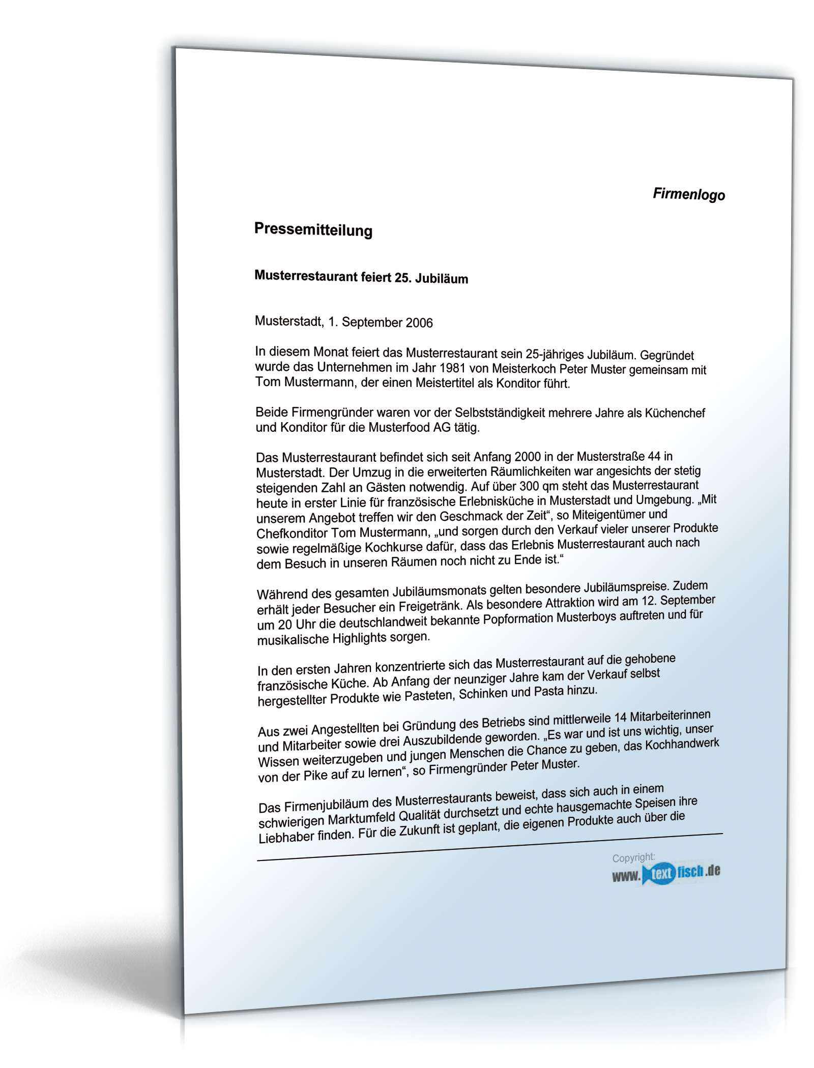 Pressemitteilung Firmenjubiläum eines Restaurant