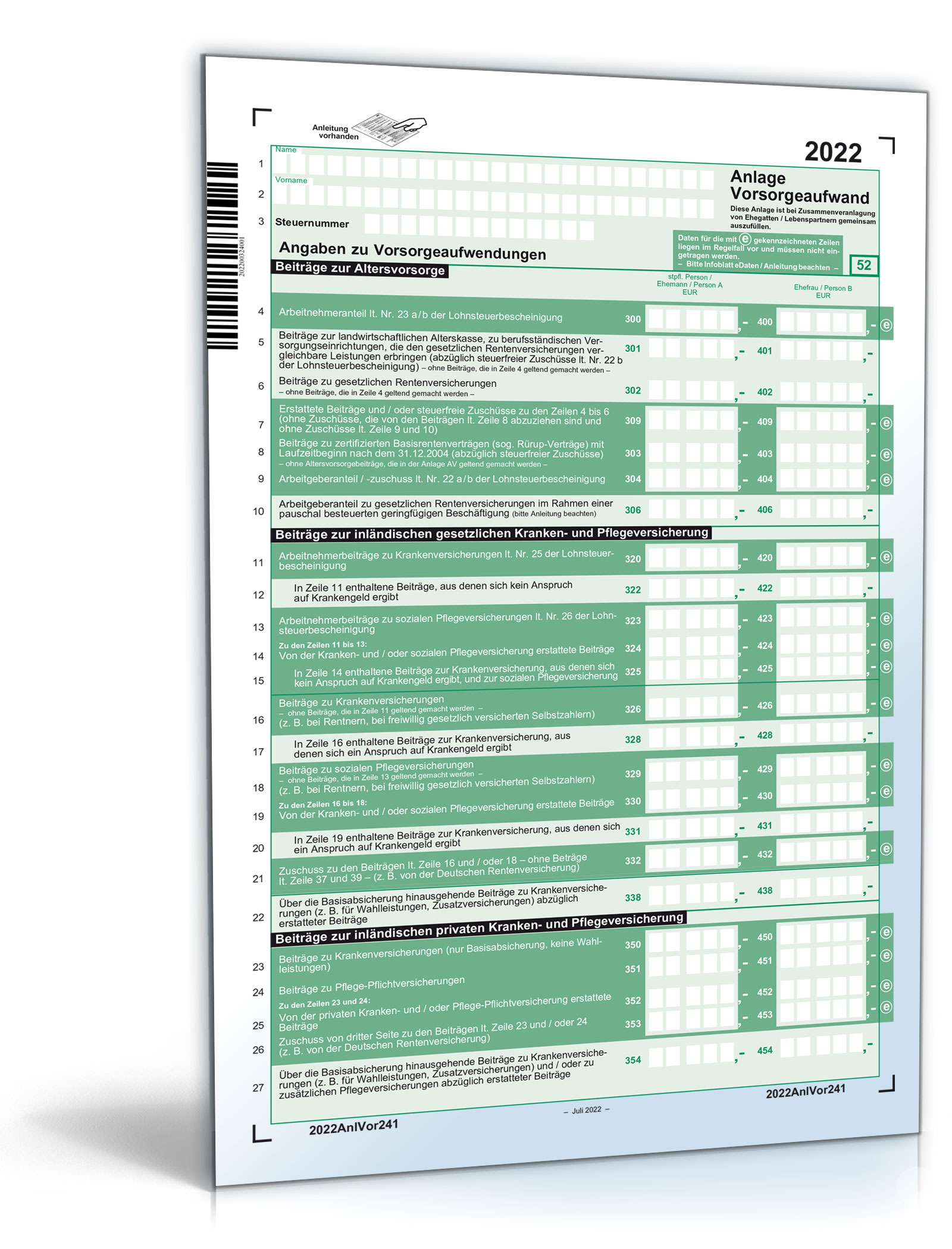 Anlage Vorsorgeaufwand 2022 PDF