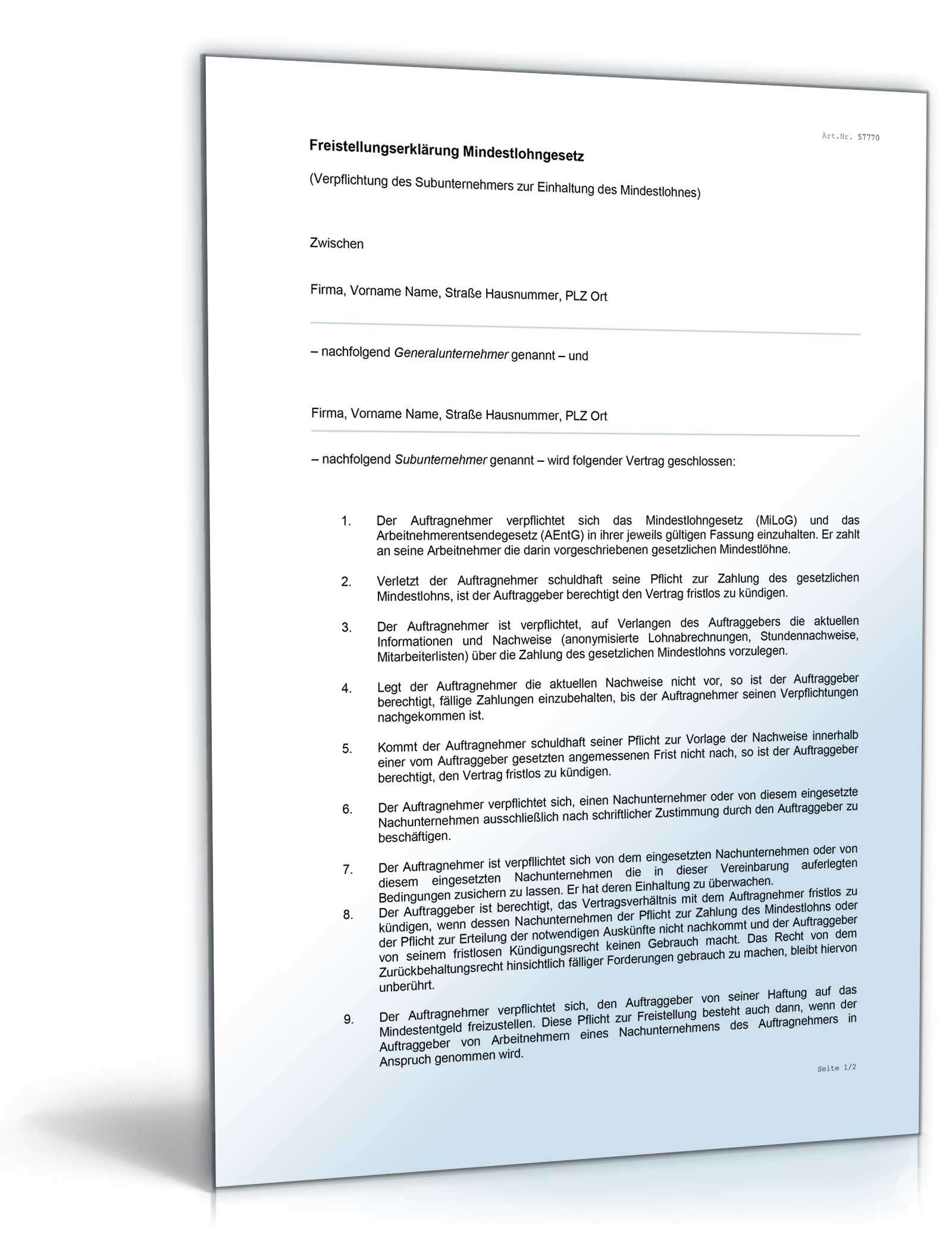 Freistellungserklärung Mindestlohngesetz  Word