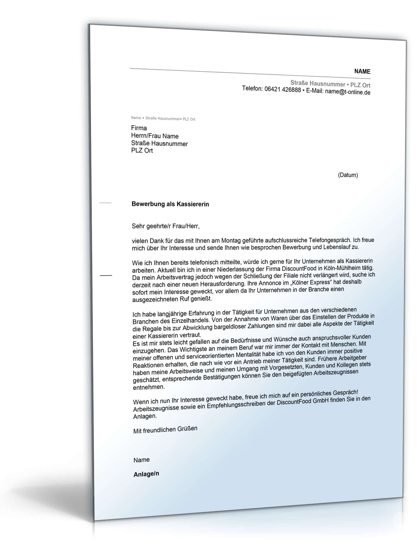 Anschreiben Bewerbung Kassiererin Excel