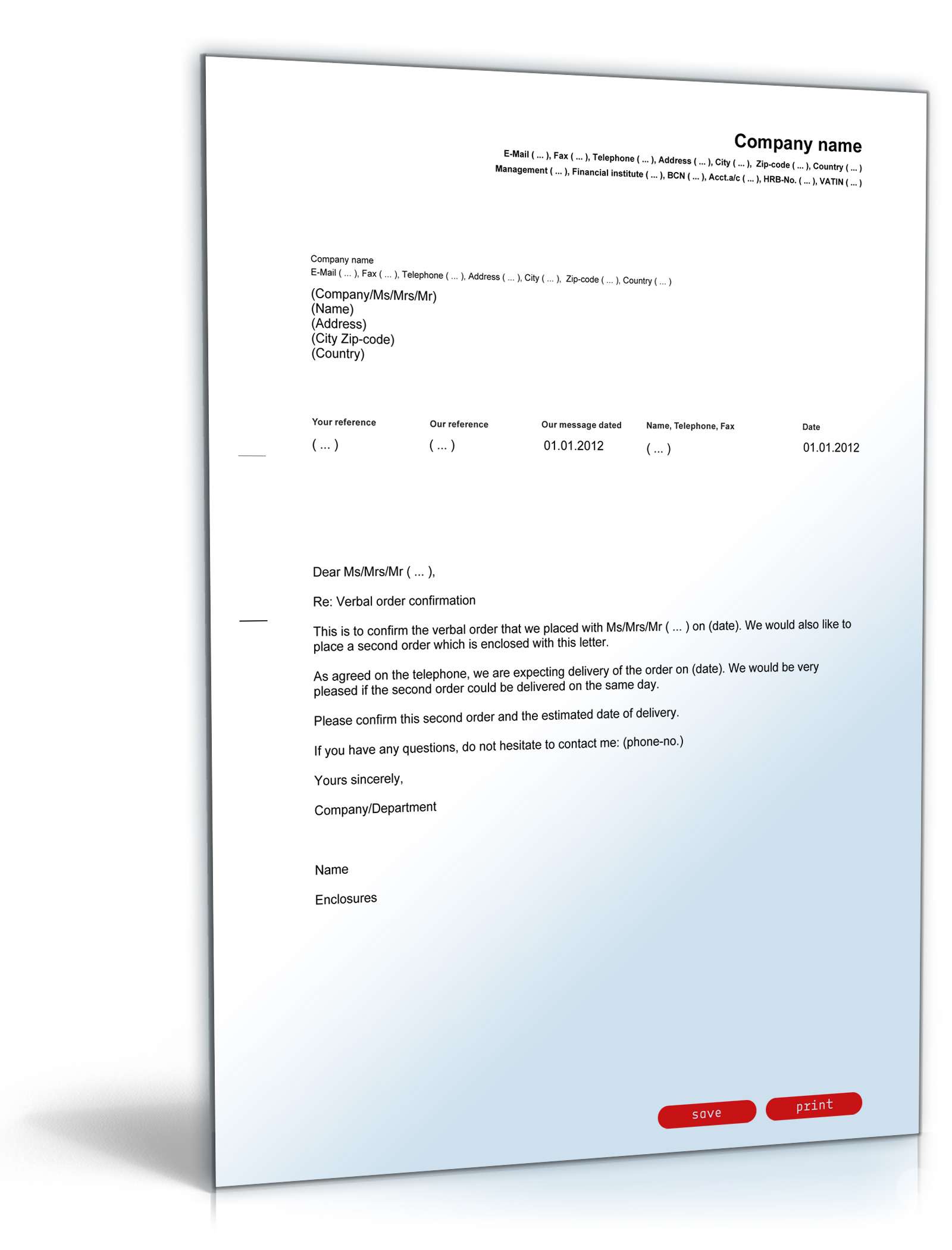 Bestätigung telefonischer Auftrag Englisch/Deutsch PDF