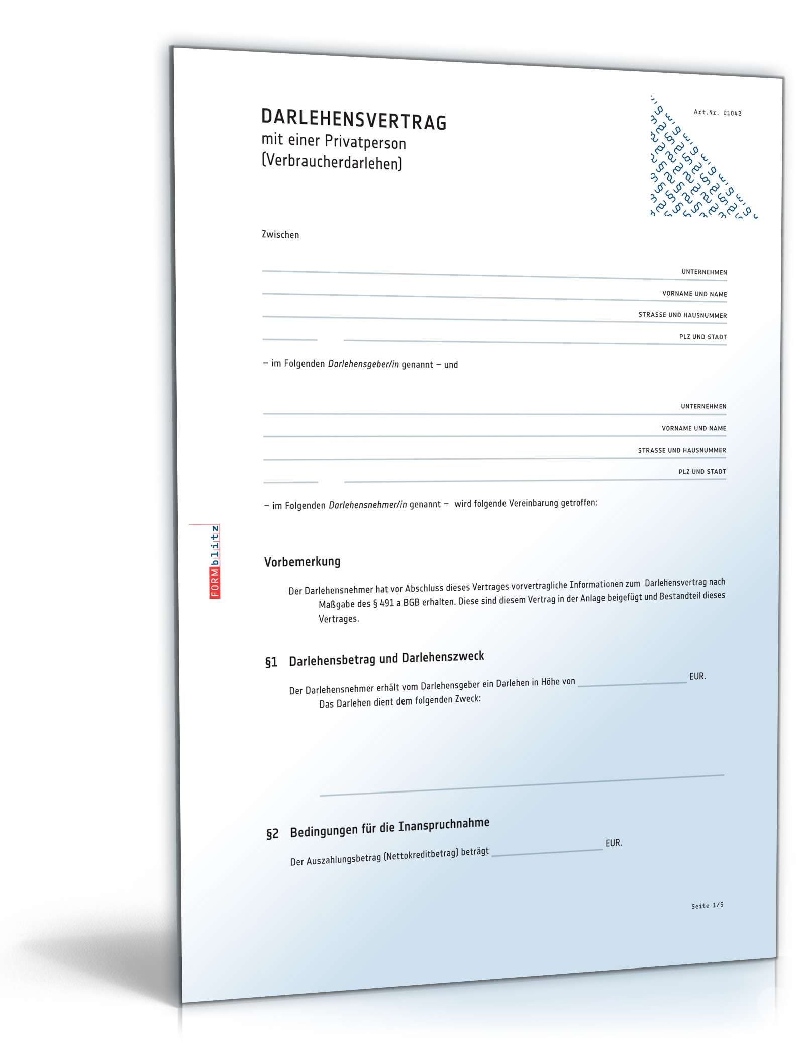 Darlehensvertrag zwischen Unternehmer und Privatperson PDF