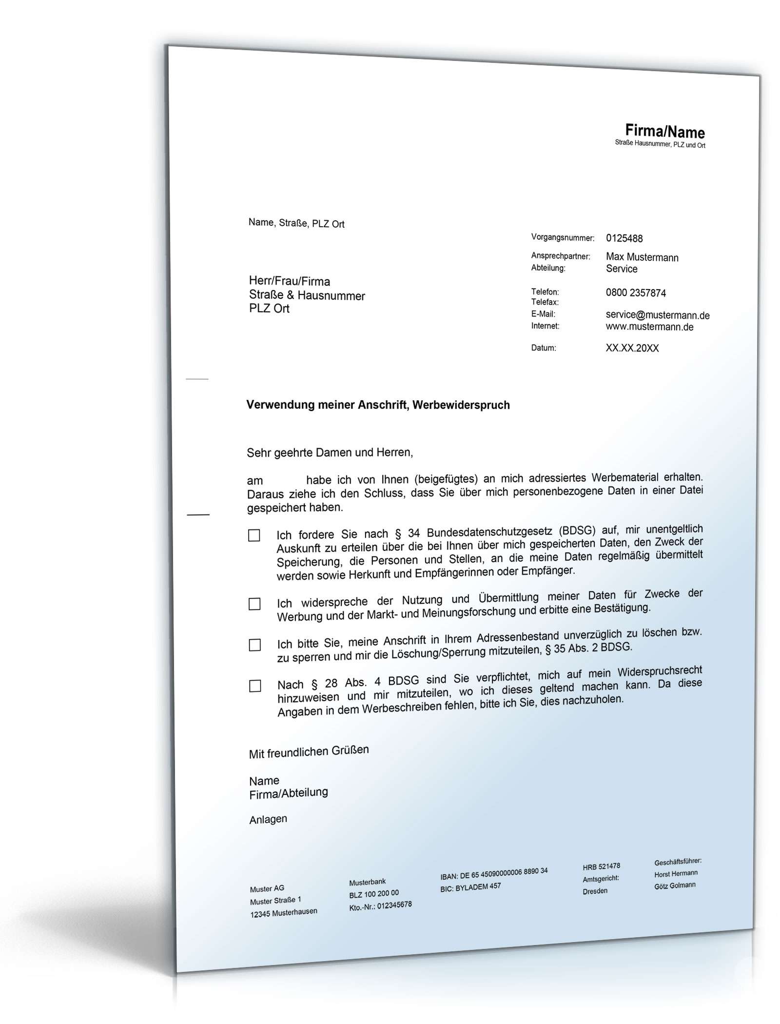 Widerspruch unerwünschte Werbesendungen Word