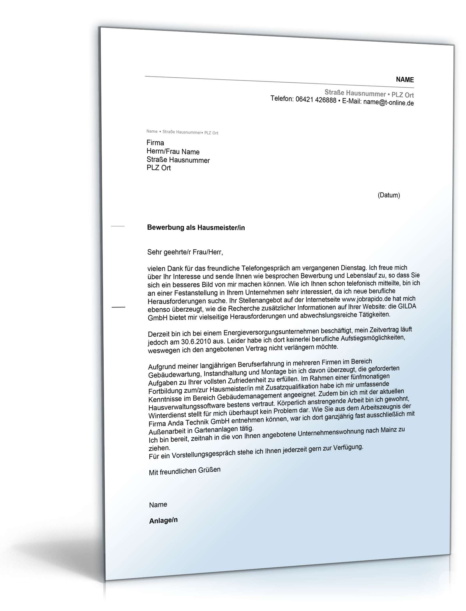 Anschreiben Bewerbung Hausmeister Excel