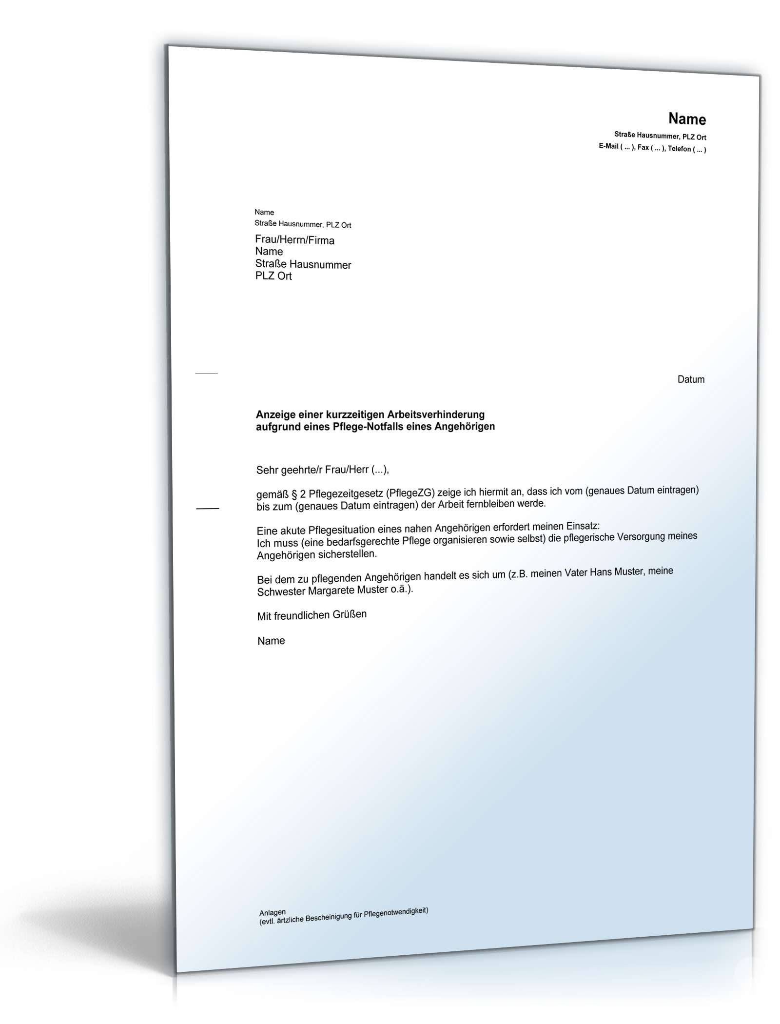 Anzeige kurzzeitige Arbeitsverhinderung Pflegezeit PDF